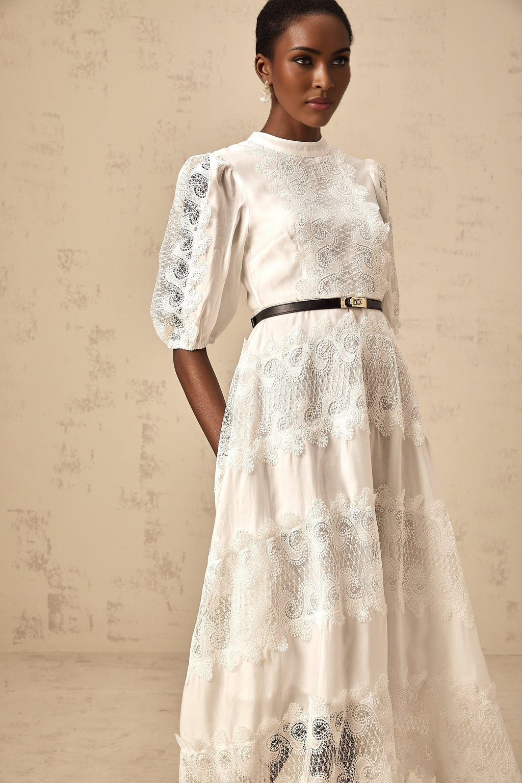 Evangeline - Belted Lace Midi Dress