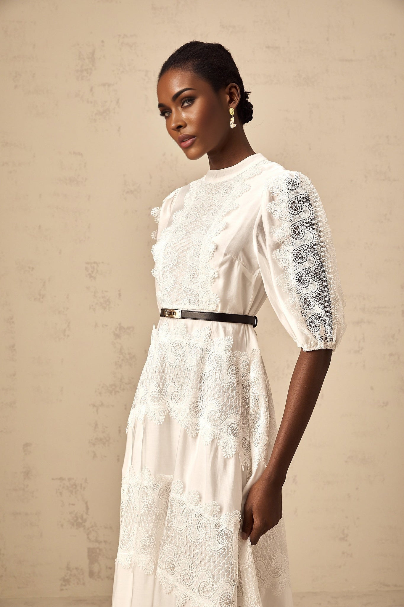 Evangeline - Belted Lace Midi Dress