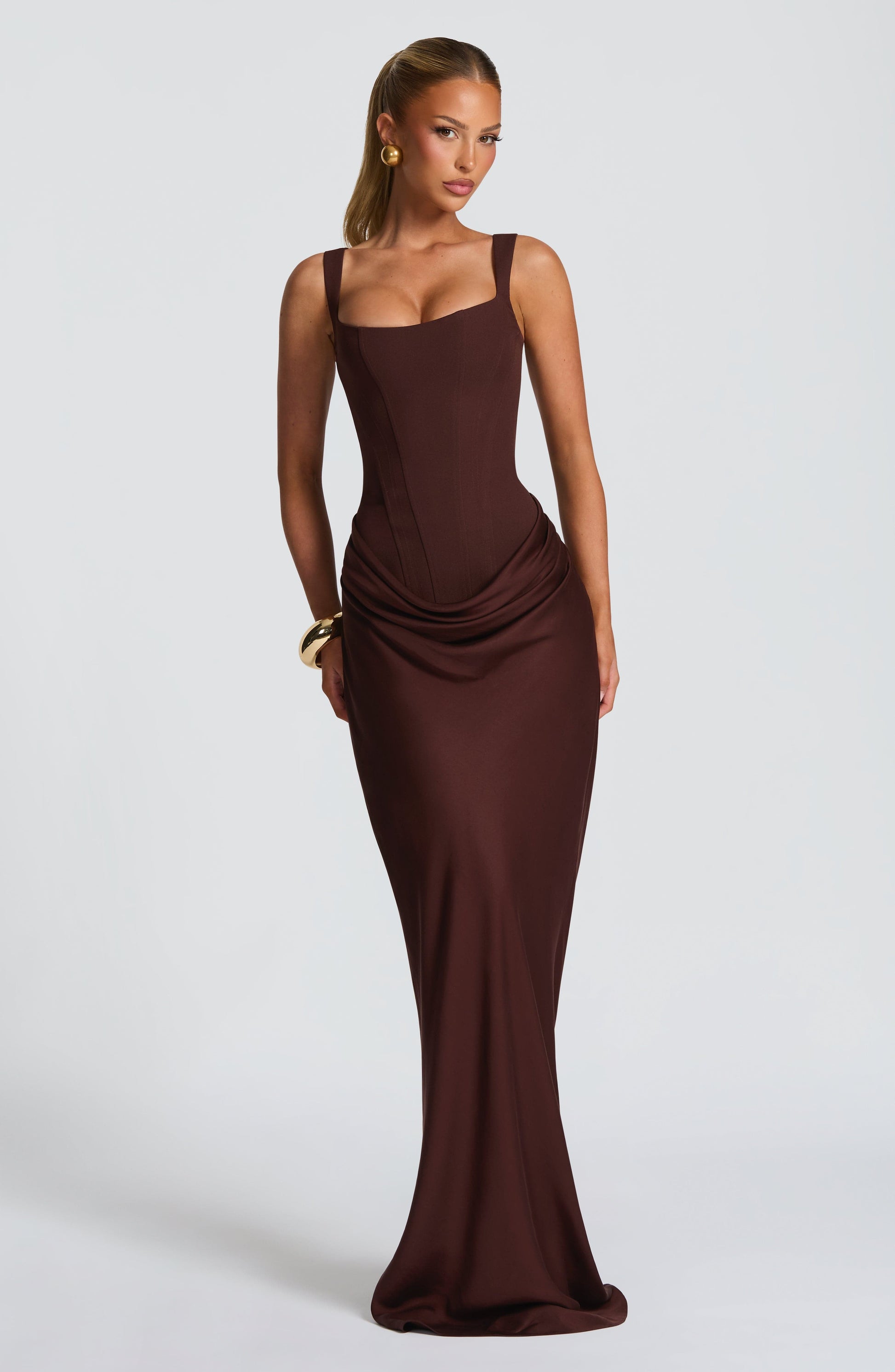Paulette Brown Ruched Maxi Dress