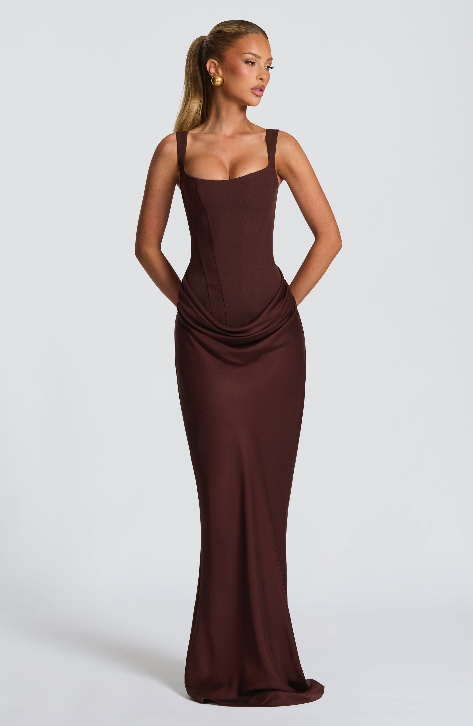 Paulette Brown Ruched Maxi Dress