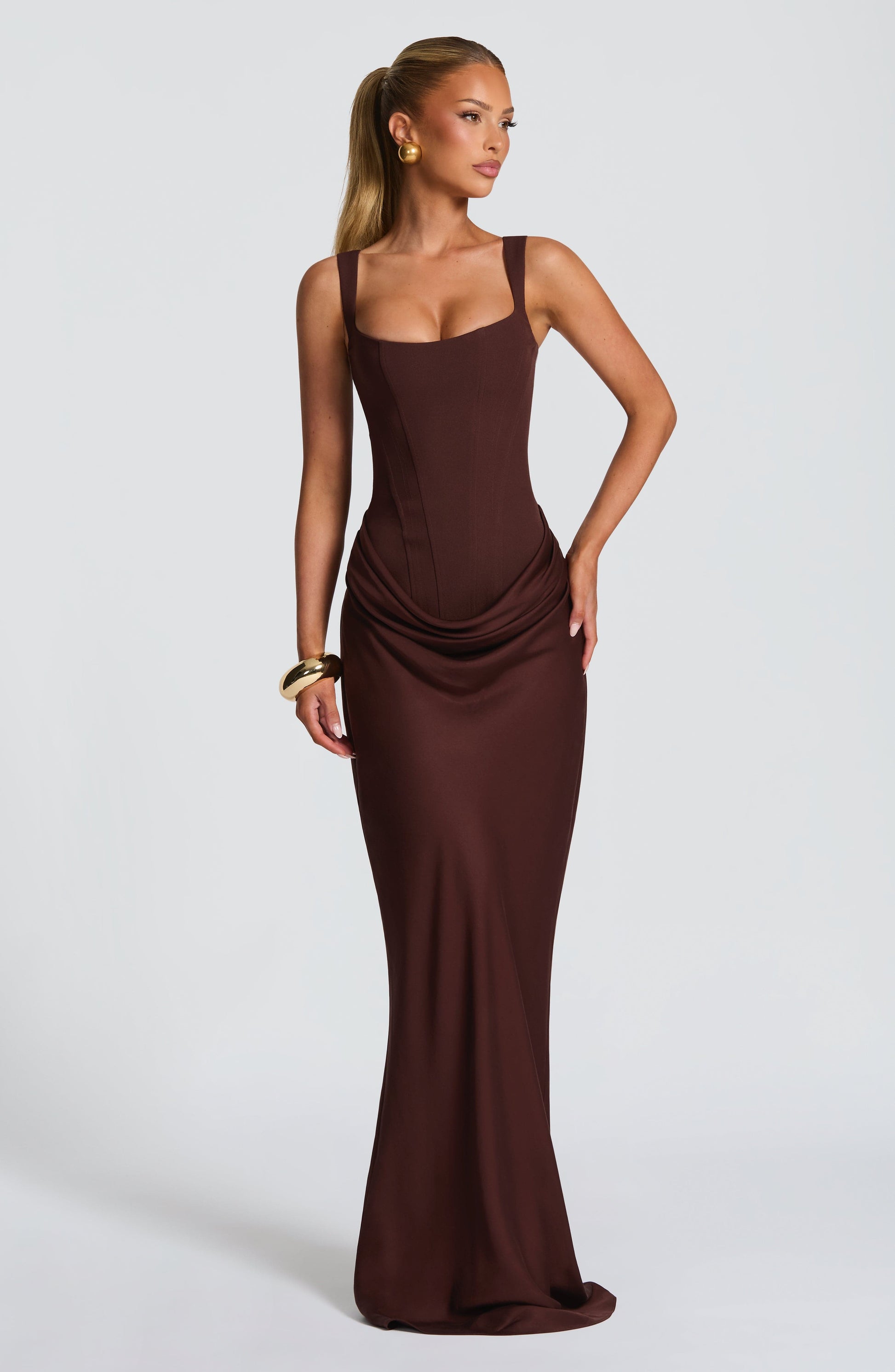 Paulette Brown Ruched Maxi Dress