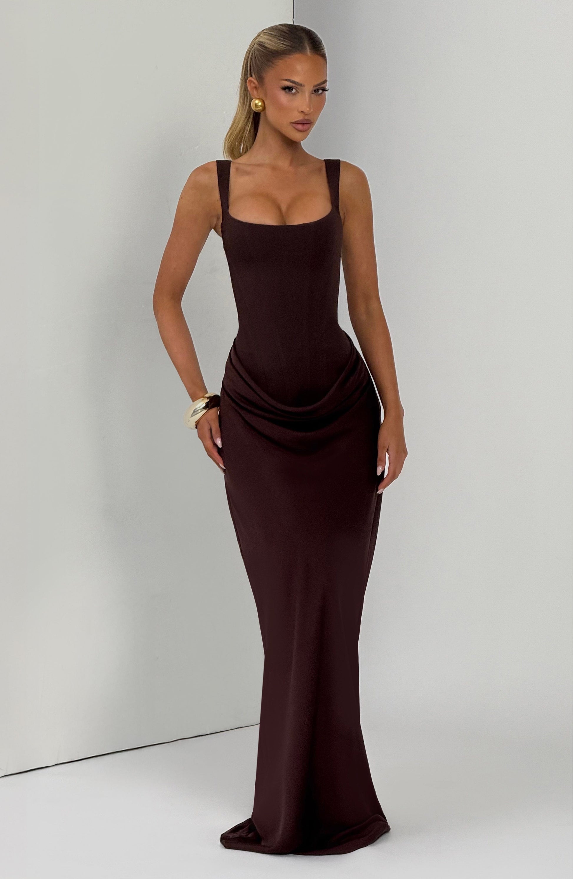 Paulette Brown Ruched Maxi Dress