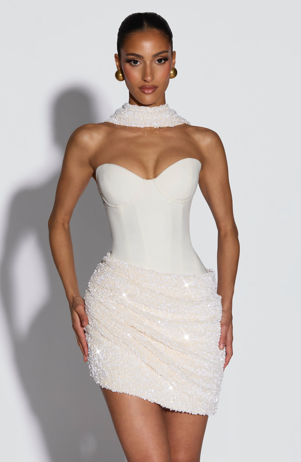 Sequin Embellished Velvet Mini Dress with Cupped Neckline