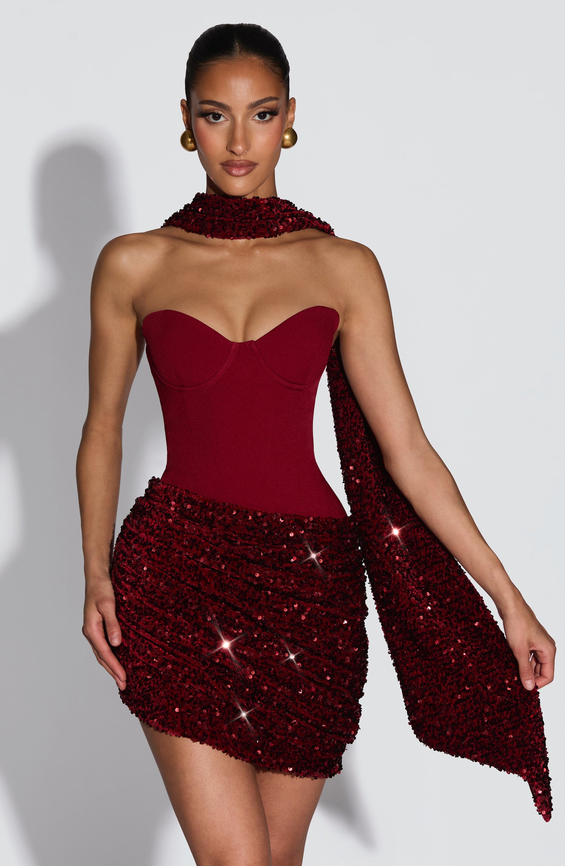Sequin Embellished Velvet Mini Dress with Cupped Neckline