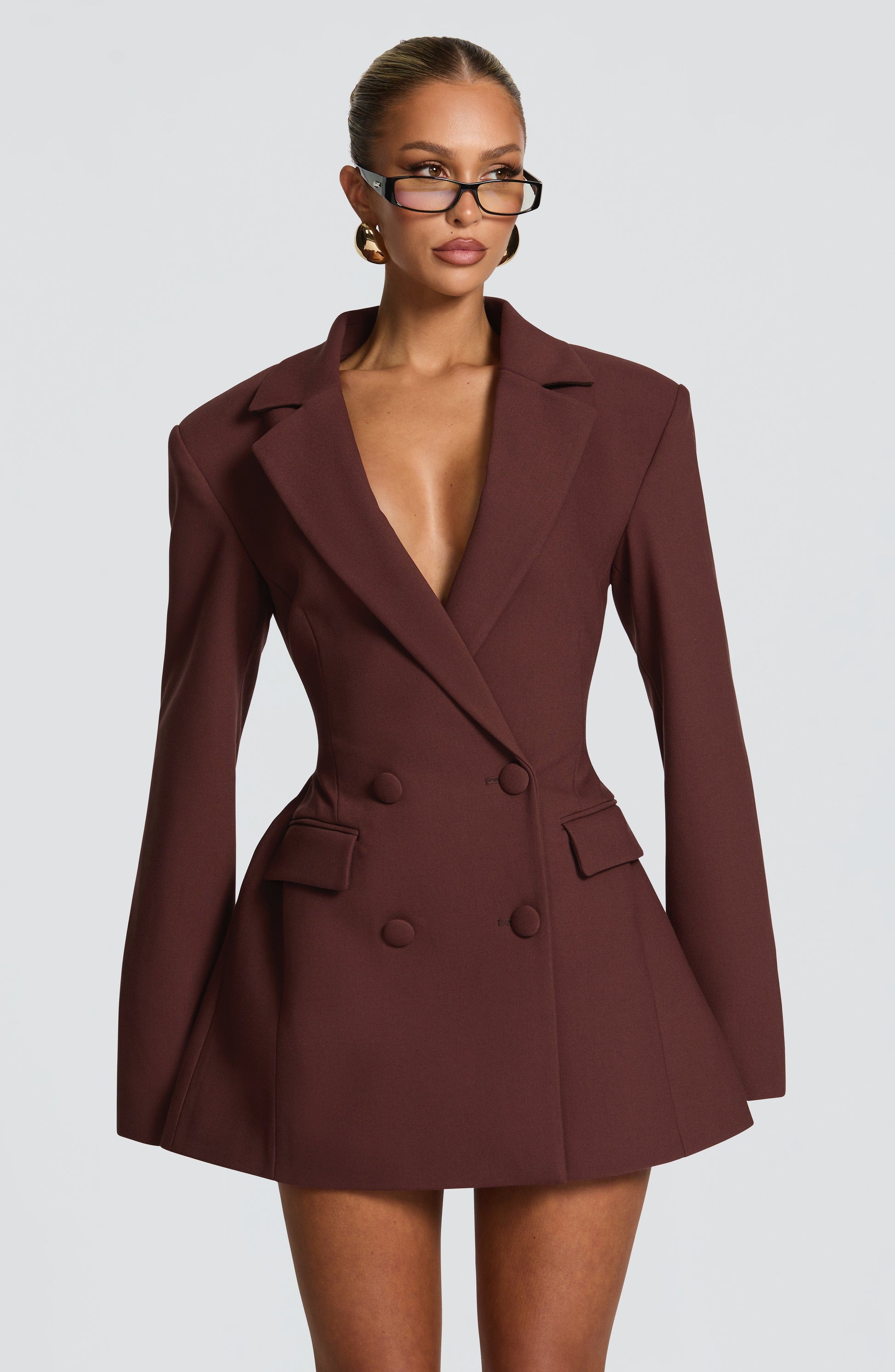 Tailored Double-Breasted Mini Dress - Plum Brown