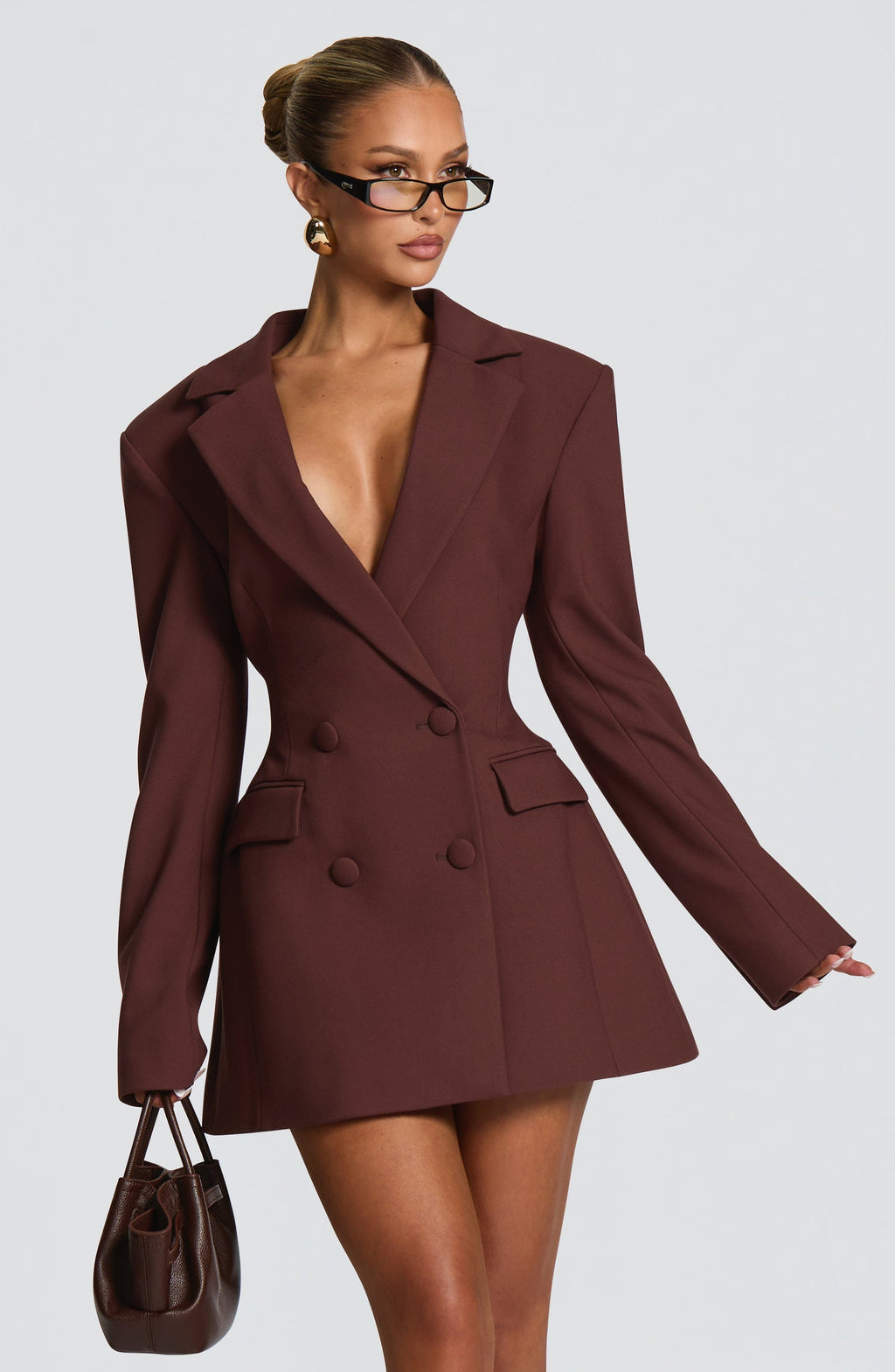 Tailored Double-Breasted Mini Dress - Plum Brown