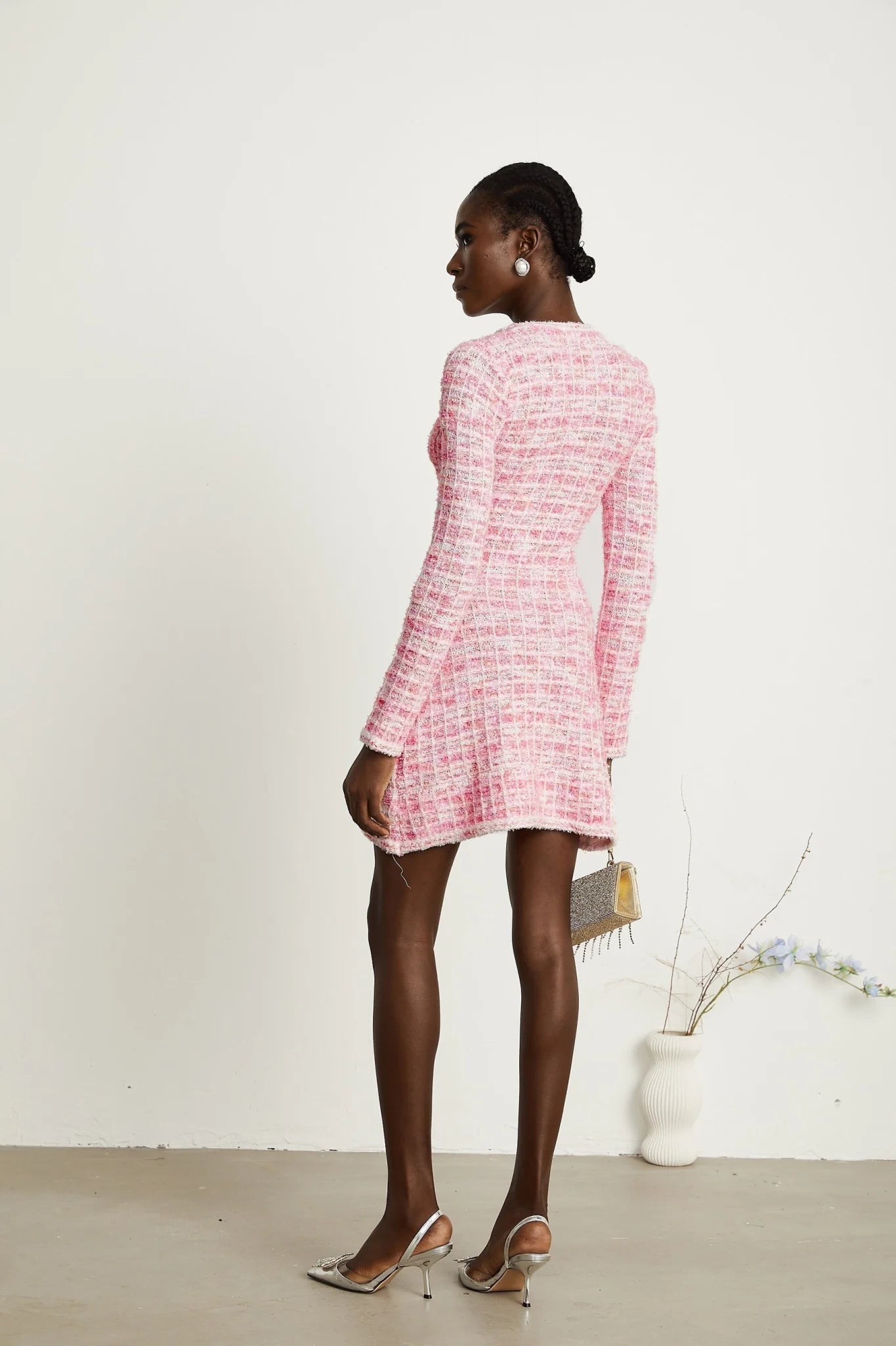 Enrica - Tweed Beaded Pink Mini Dress