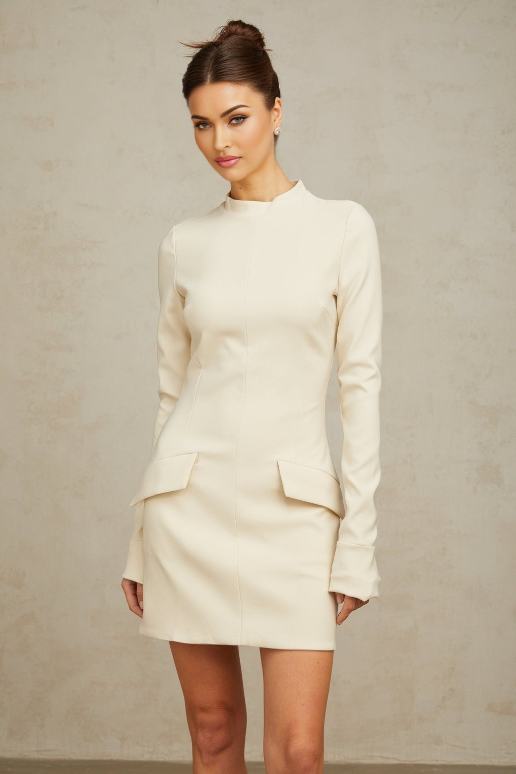 Erika - Long Sleeve White Cream Mini Dress