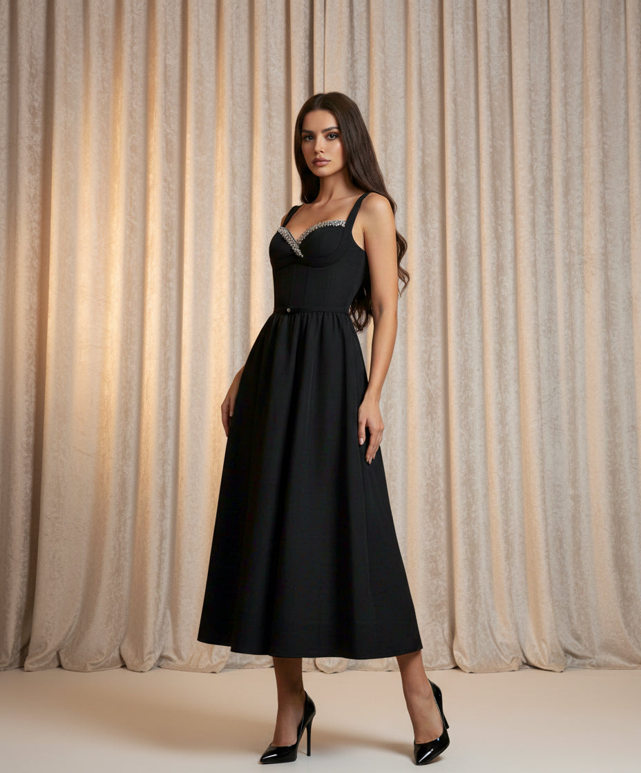 The Icon Crystal Embellished Neckline Black Midi Dress