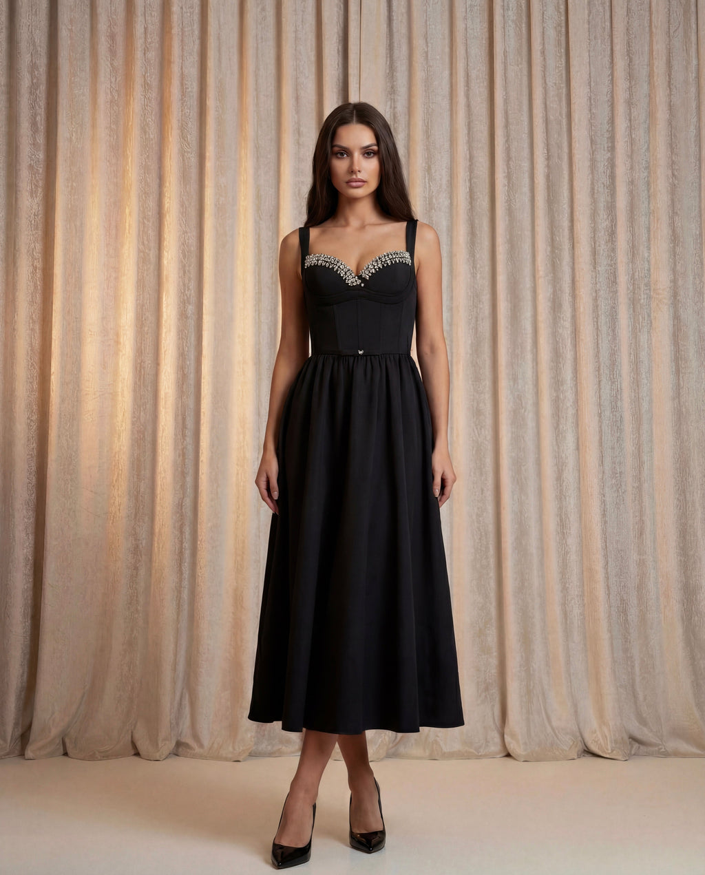The Icon Crystal Embellished Neckline Black Midi Dress