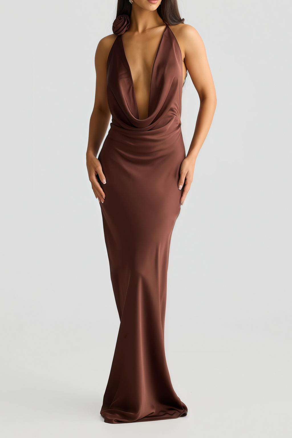 Novia Brown Halterneck Draped Maxi Dress