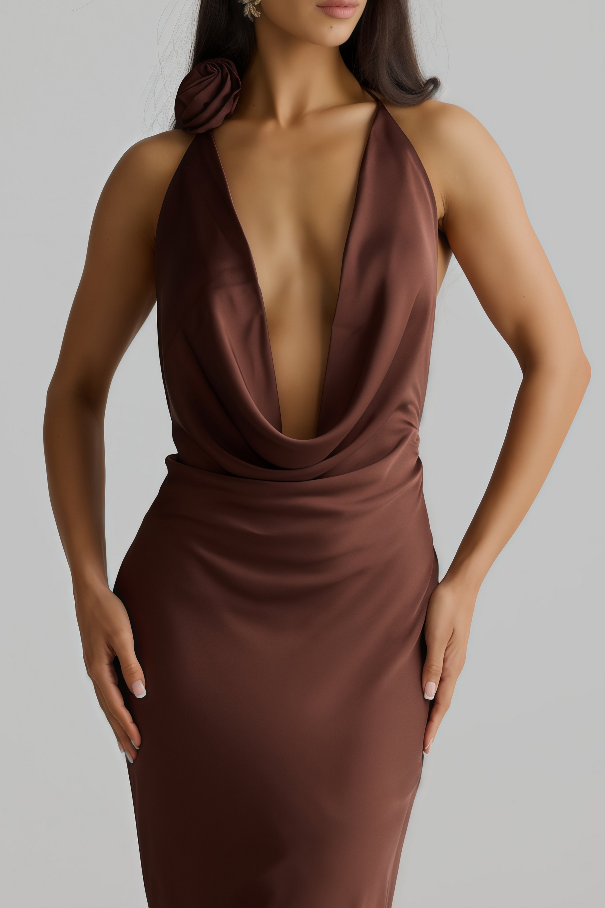 Novia Brown Halterneck Draped Maxi Dress