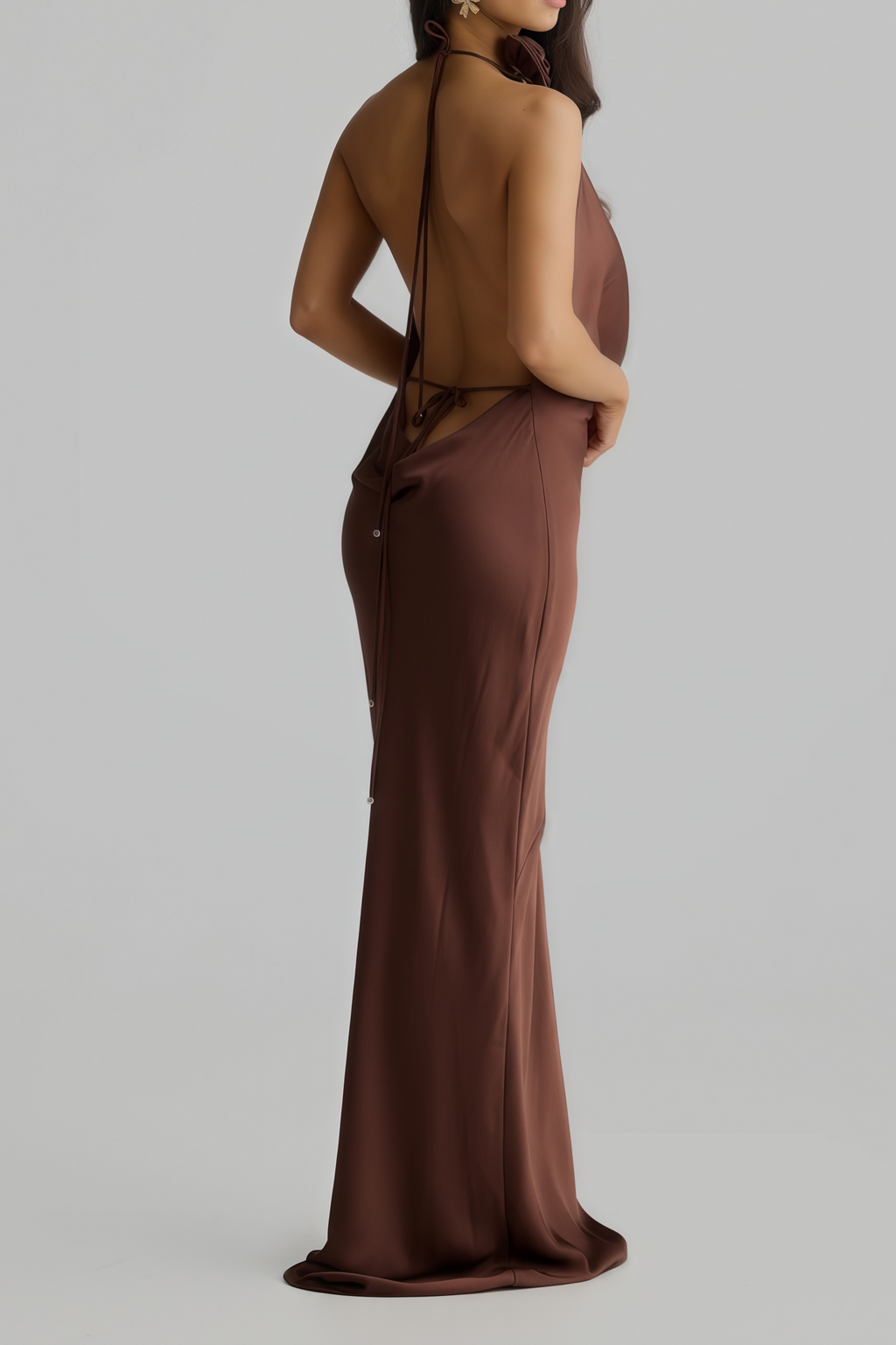 Novia Brown Halterneck Draped Maxi Dress