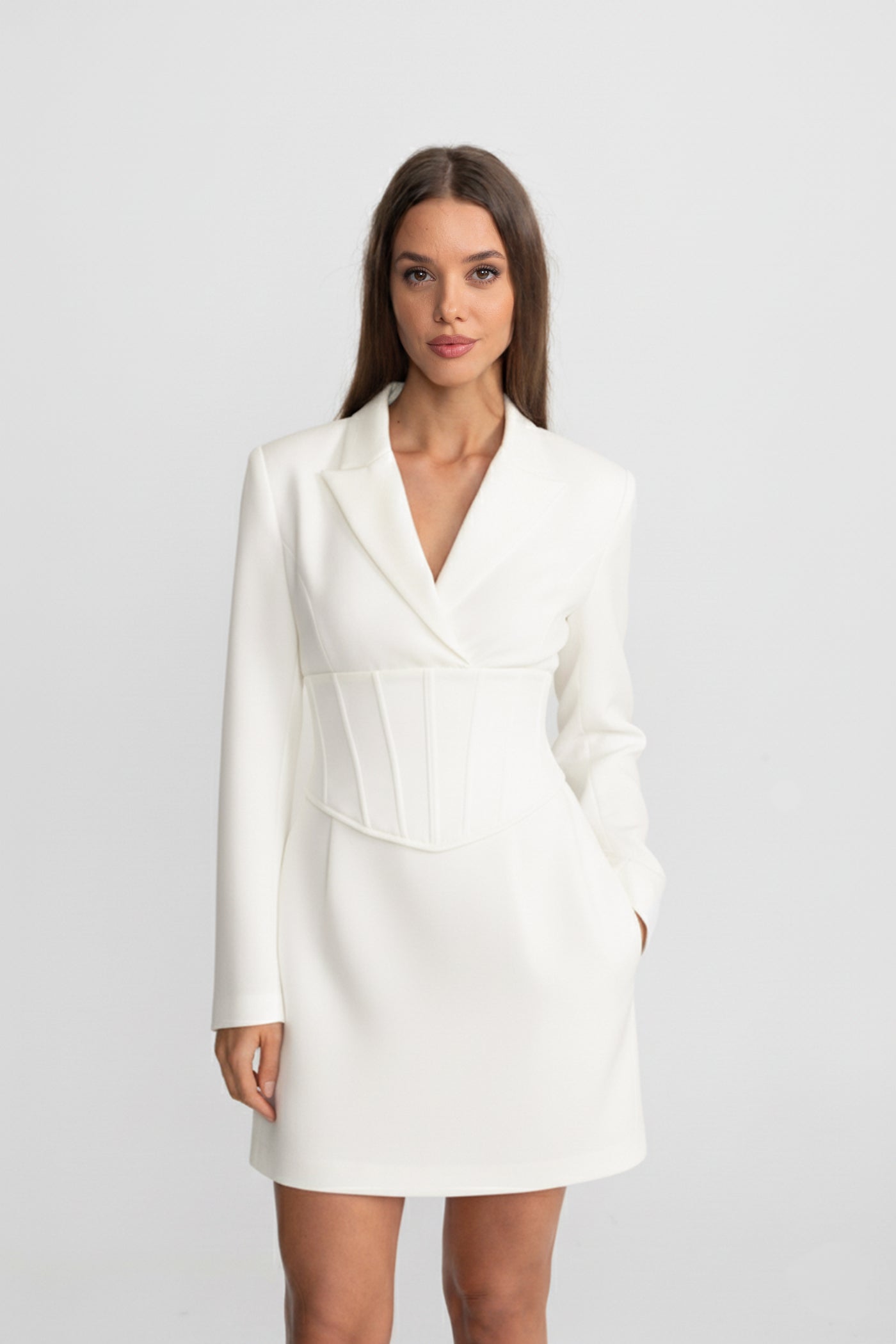 Structured Mini Blazer Dress With Corset Waist – Ivory