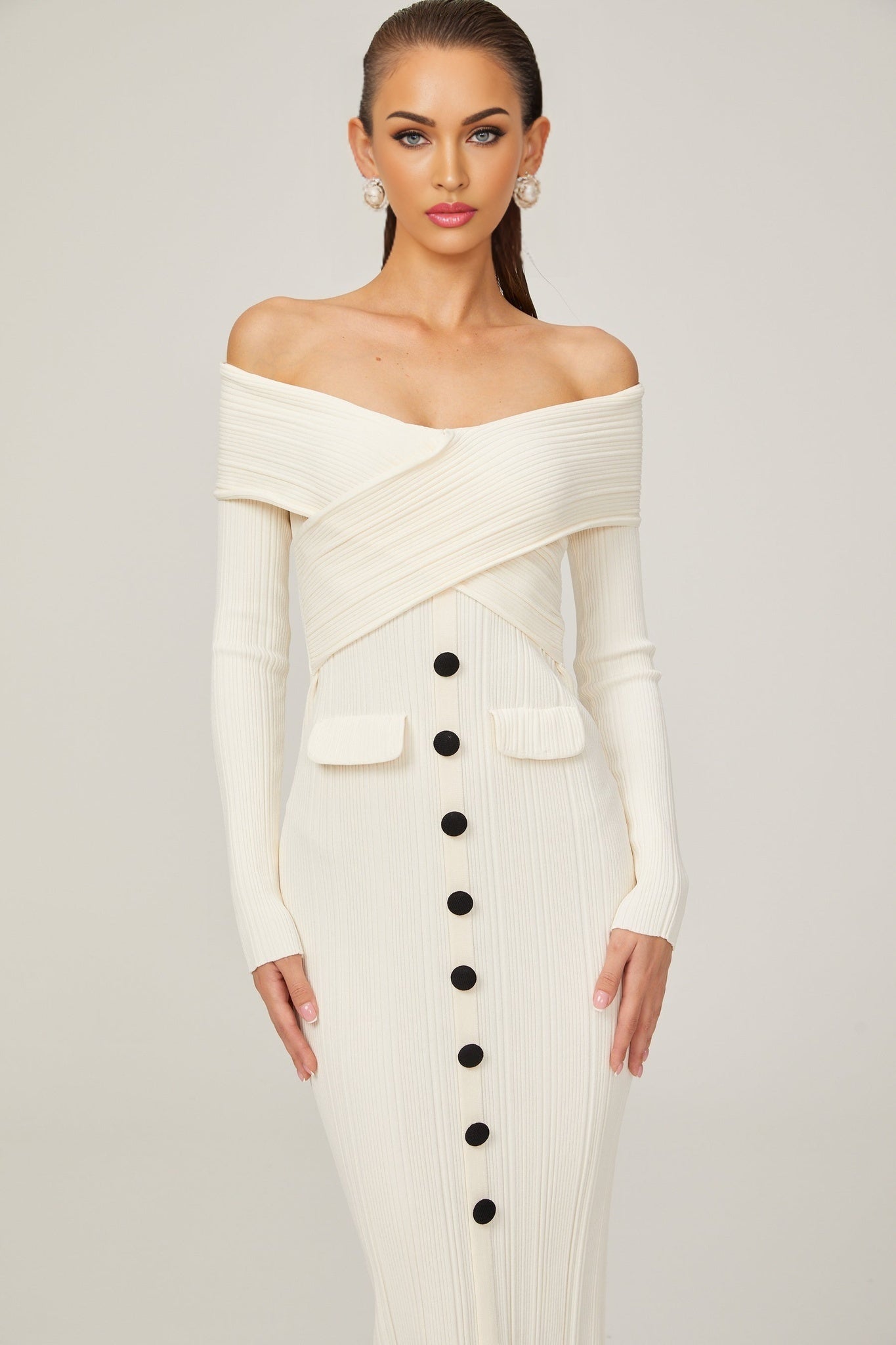 Arianna - White Rib Knit Midi Dress