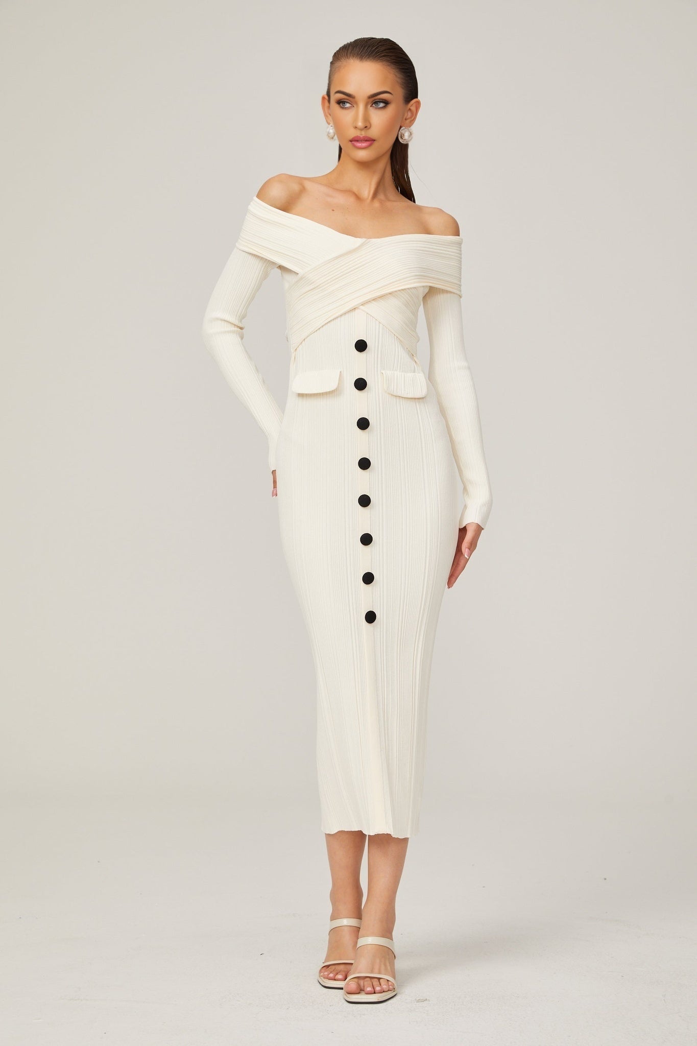 Arianna - White Rib Knit Midi Dress