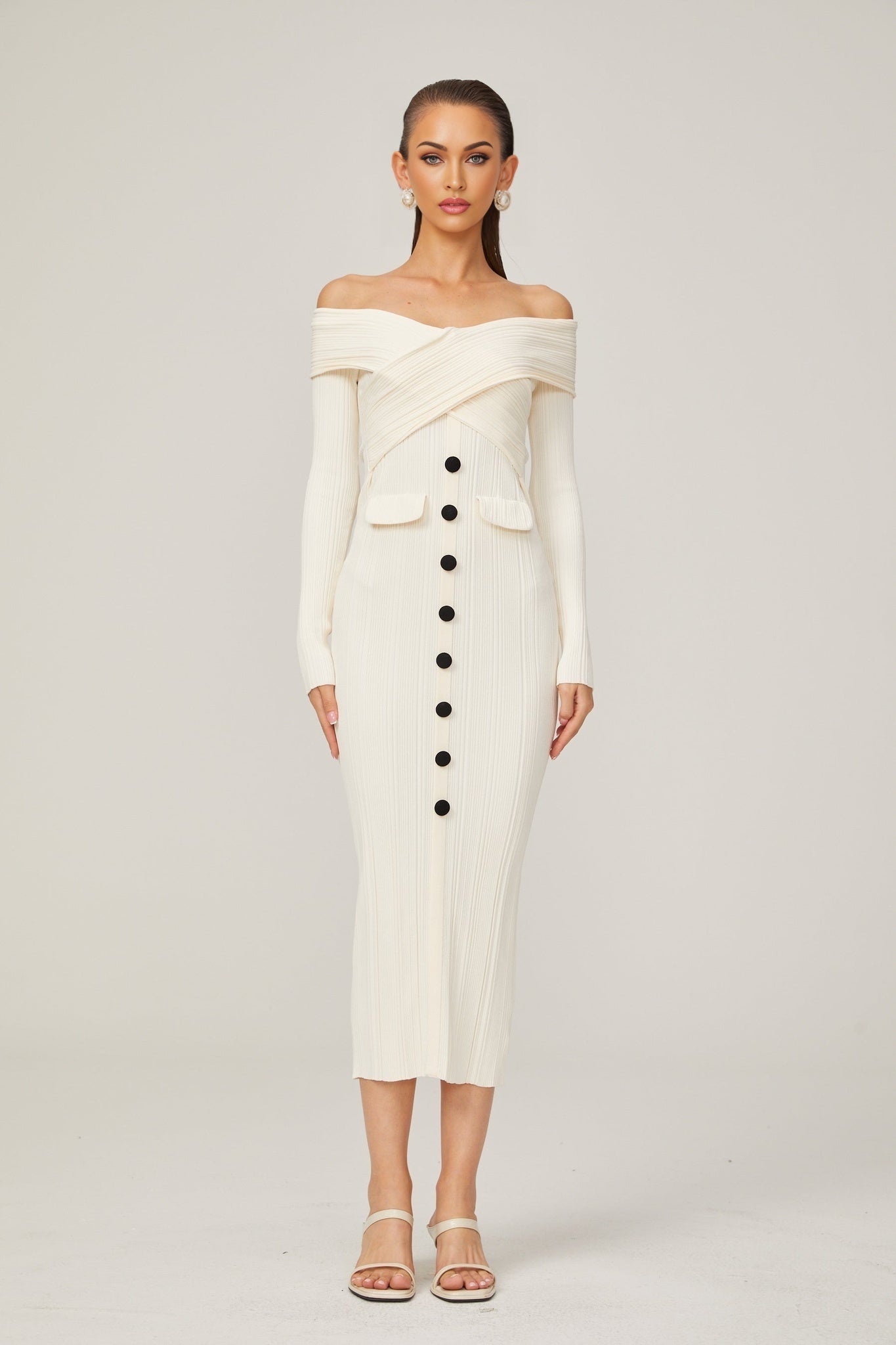 Arianna - White Rib Knit Midi Dress