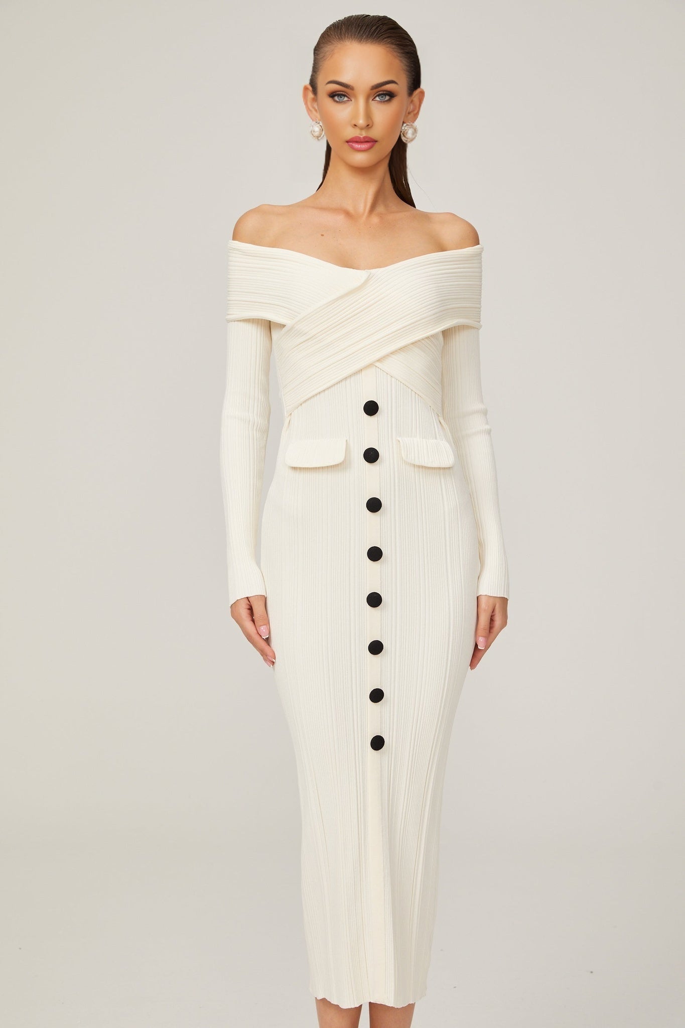Arianna - White Rib Knit Midi Dress