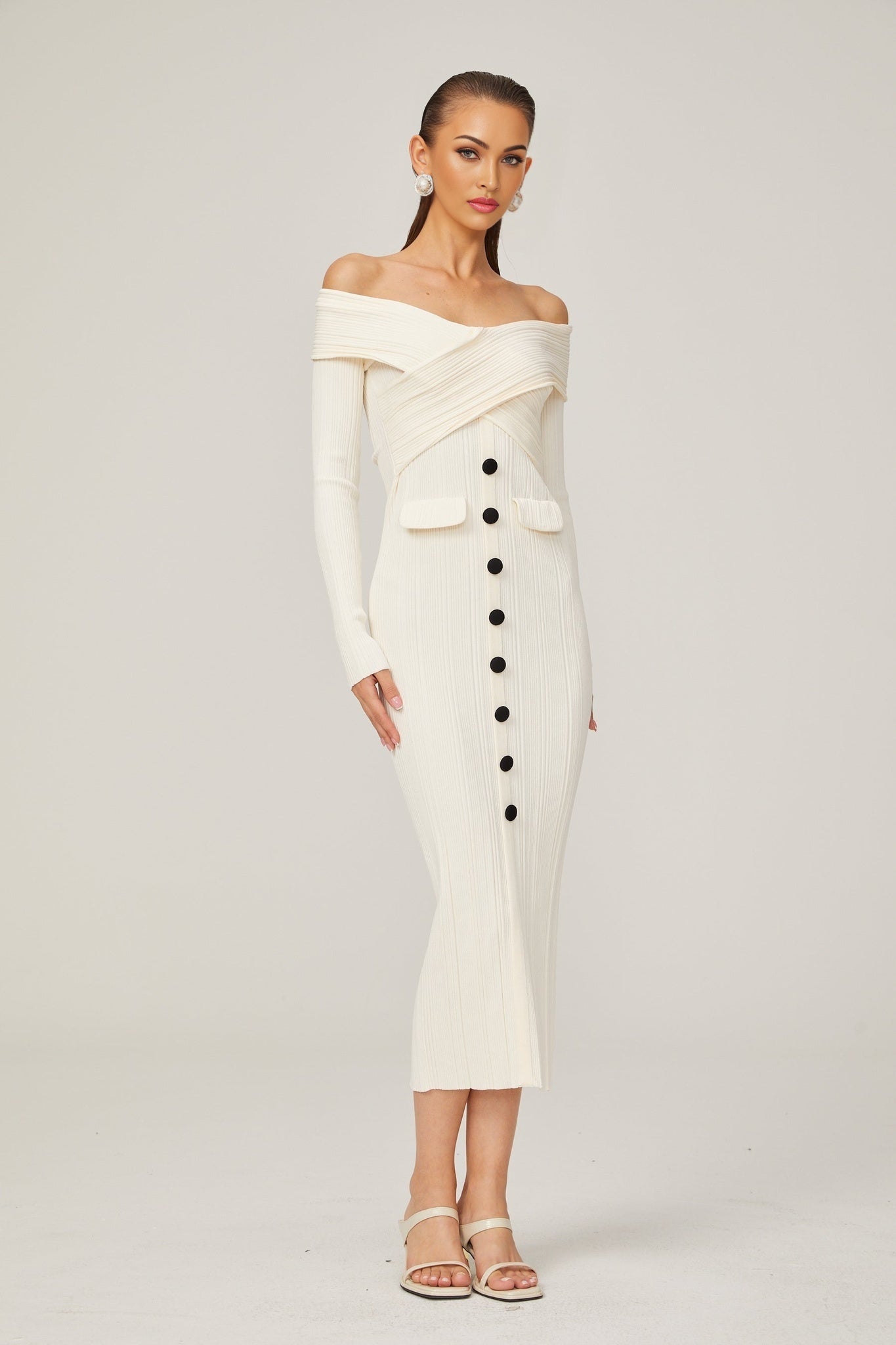 Arianna - White Rib Knit Midi Dress