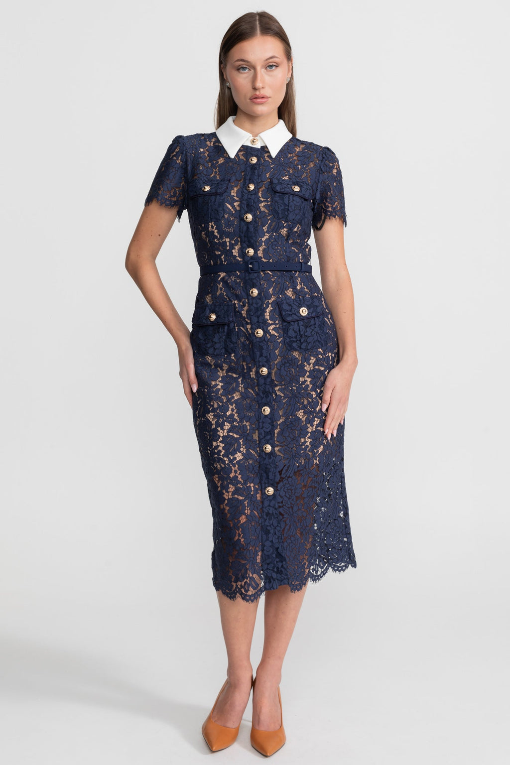 Floral Lace Midi Dress with Tailored Collar and Belted Waist - Navy