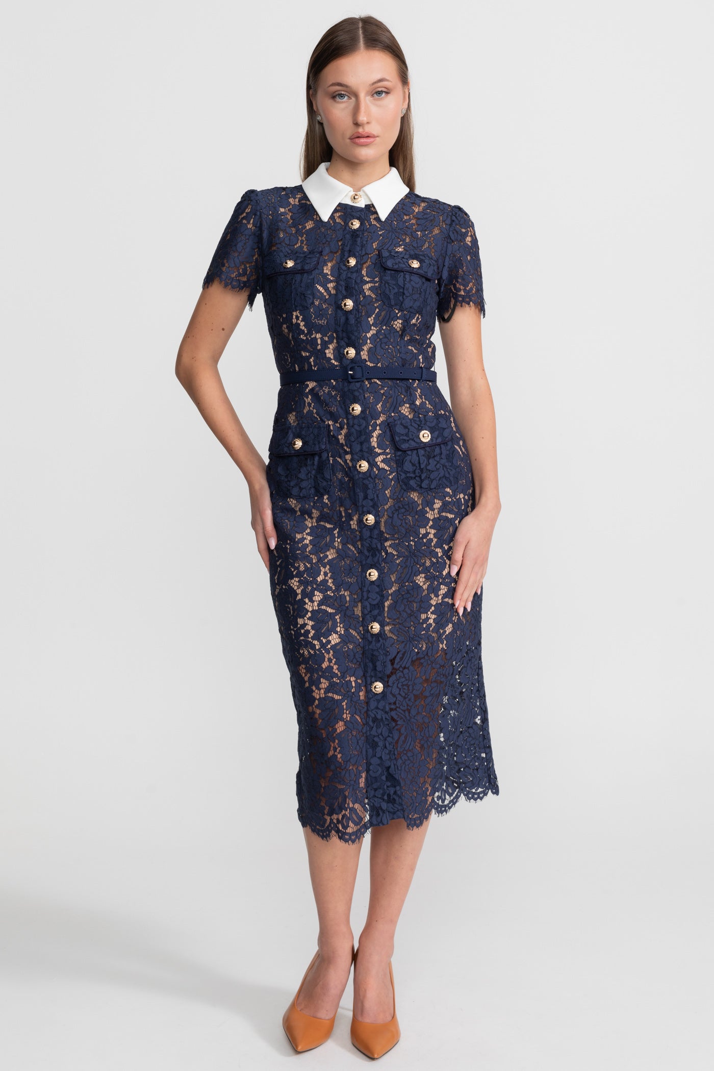 Floral Lace Midi Dress with Tailored Collar and Belted Waist - Navy