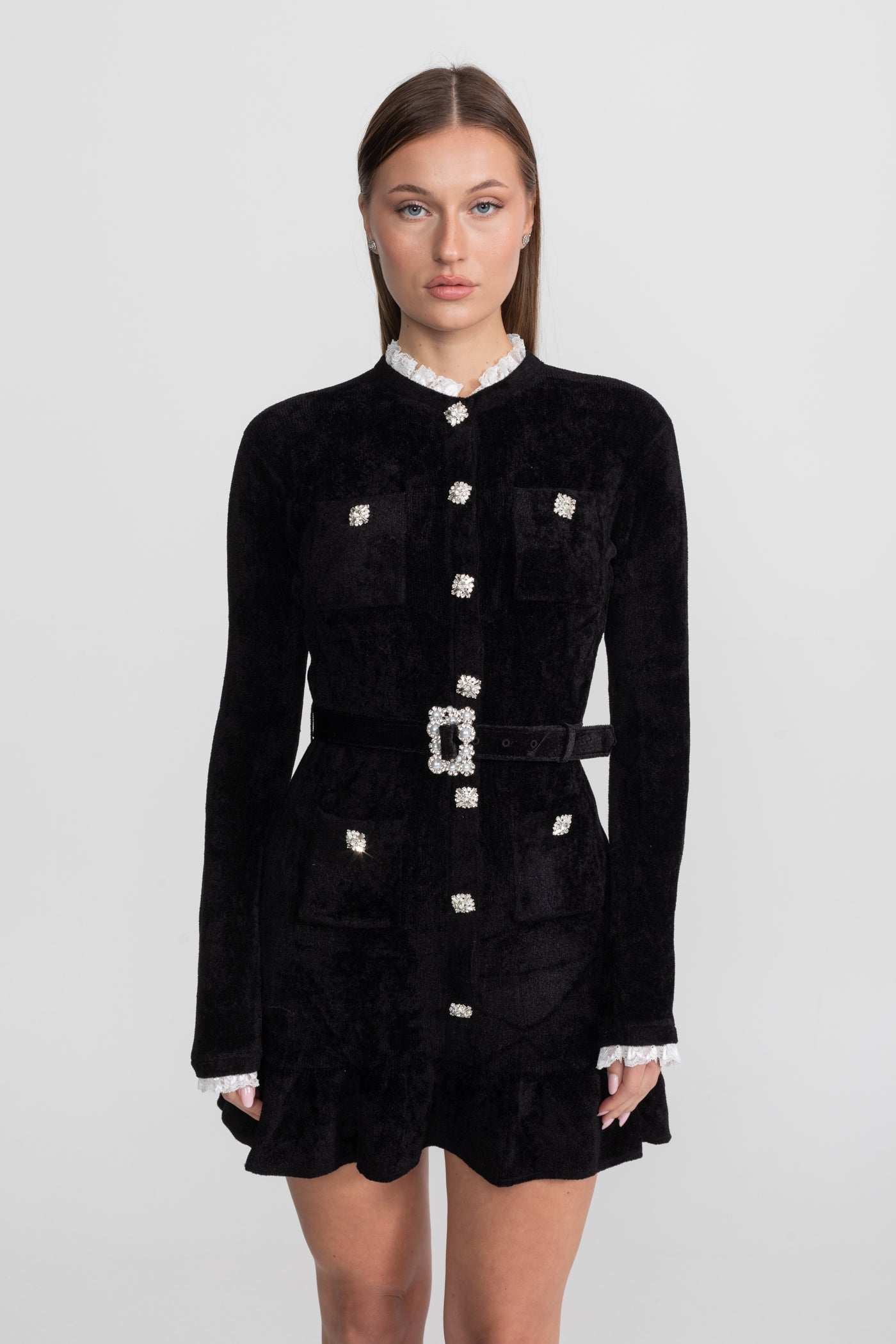 Knit Crystal-Button Mini Dress With Matching Belt – Black