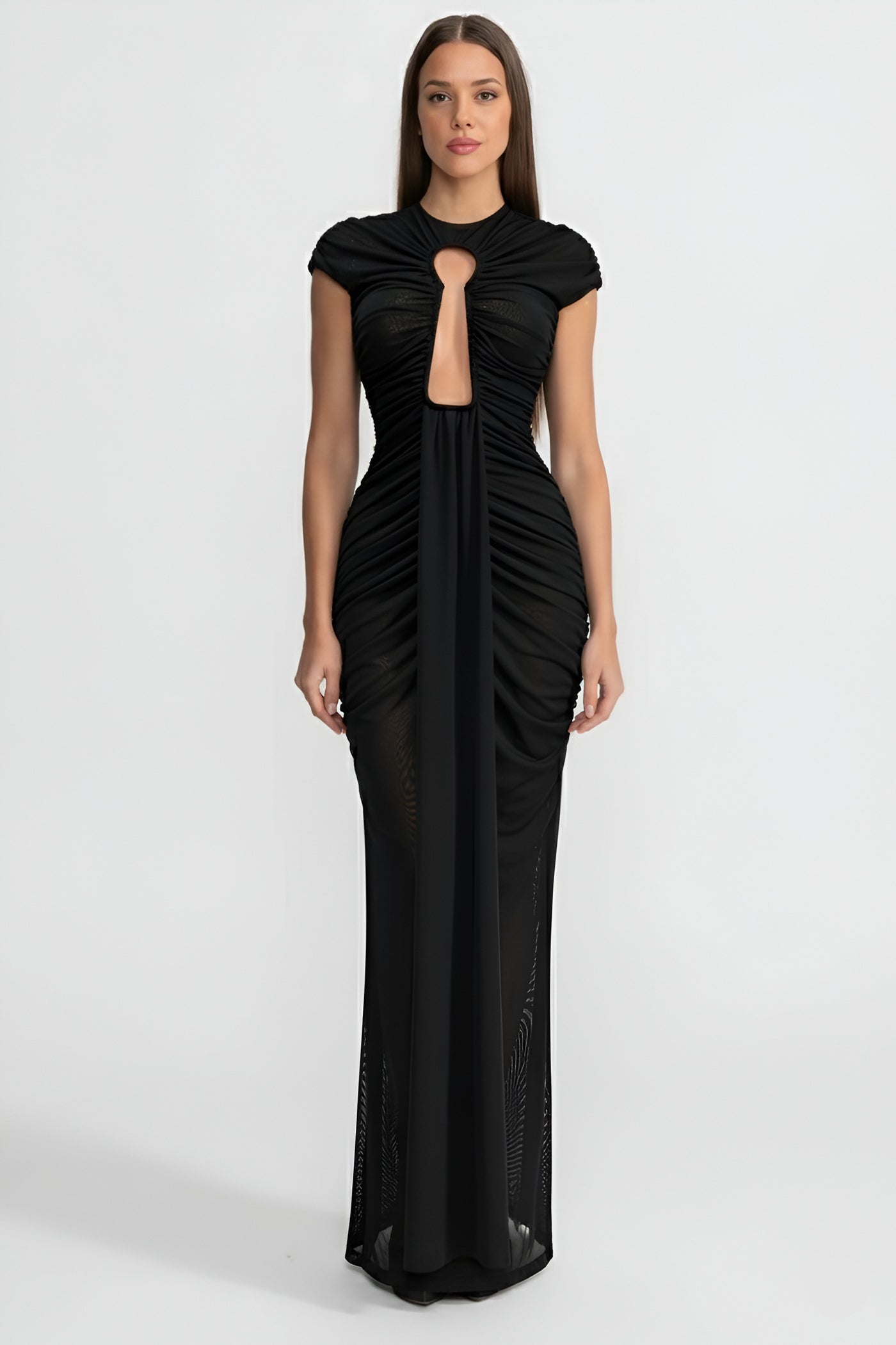 Draped Cut-Out Gown With Gathered Detailing  – Black