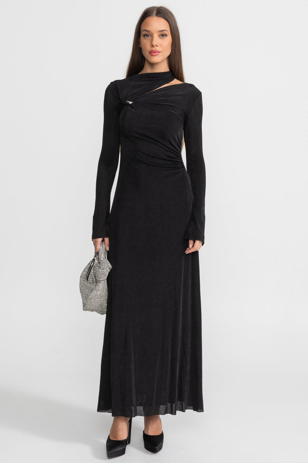 Draped Maxi Dress with Cut-Out and Elegant Detail - Black
