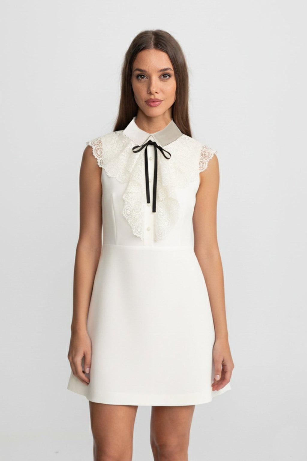 Sleeveless A-Line Mini Dress With Lace Bib Detail – Ivory