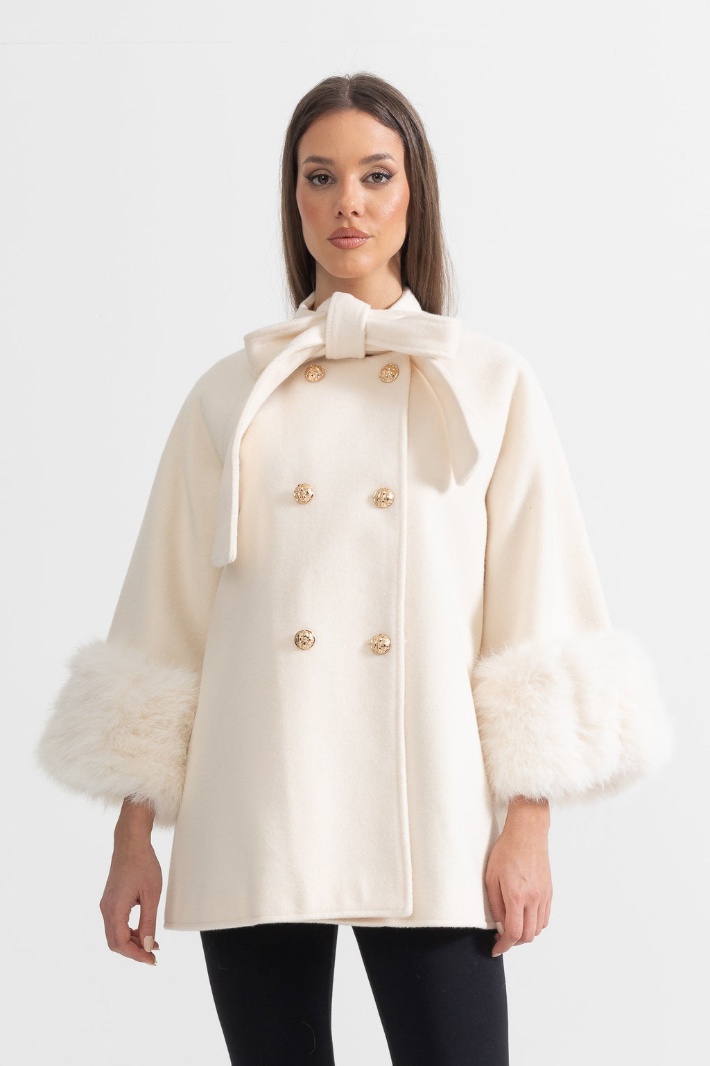 Double Breasted Overcoat With Fur Cuff Accents And Neckline Ribbon - Ivory