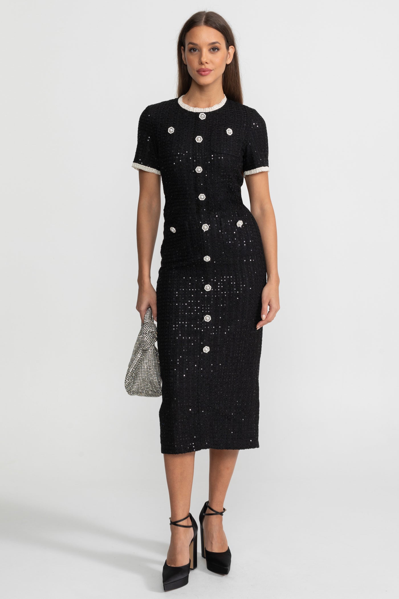 Knit Sequin Midi Dress With Crystal Buttons and Lace Trim – Black