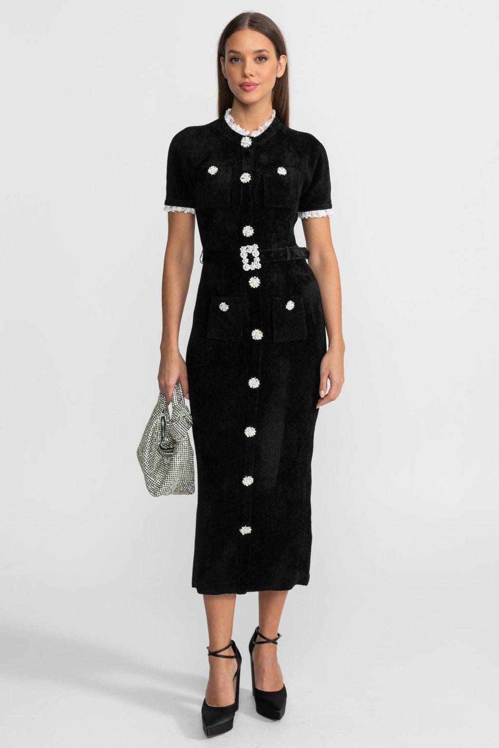 Elegant Midi Dress With Crystal Buttons and Lace Trim – Black