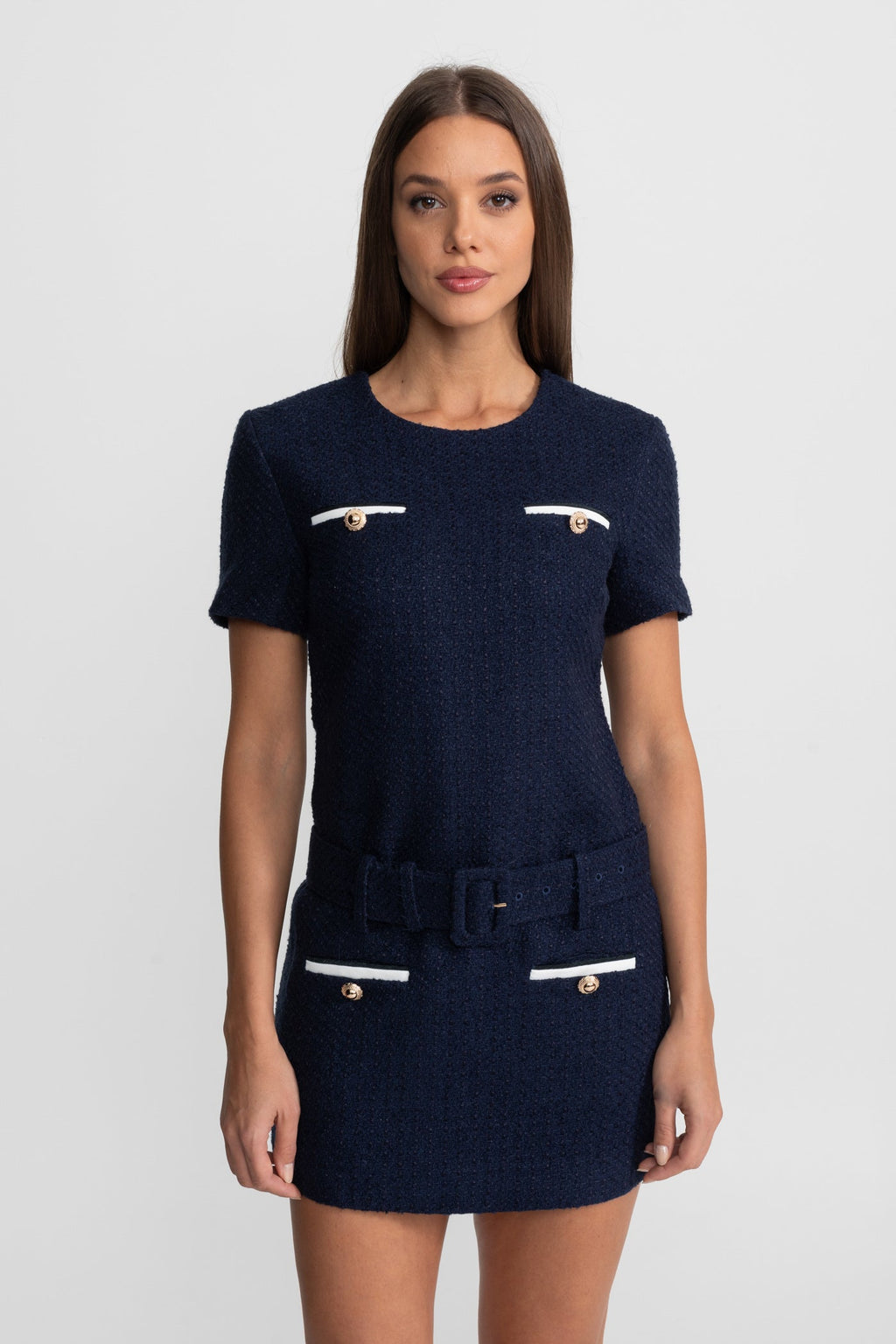 Belted Tweed Mini Dress with Contrast Pockets - Navy