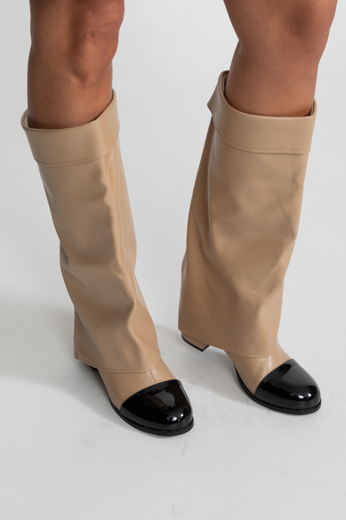 Folded Knee-High Boots With Patent Cap Toe