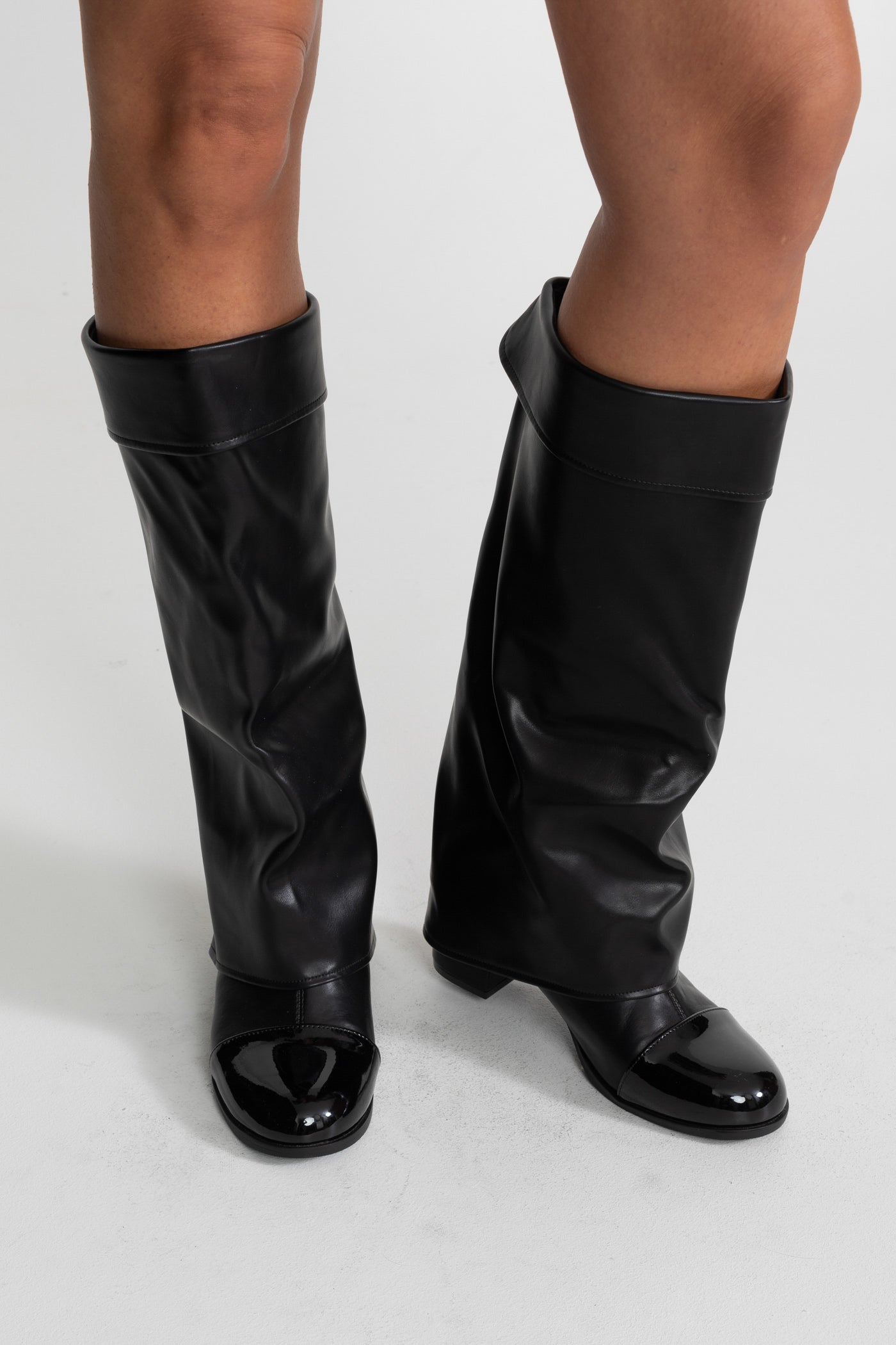 Folded Knee-High Boots With Patent Cap Toe - Black