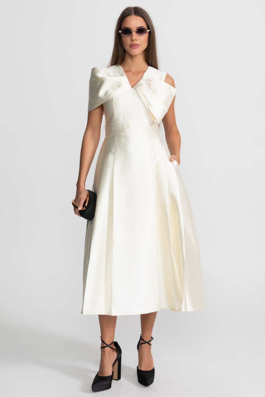 Off-Shoulder Satin Midi Dress With Draped Bow Detail