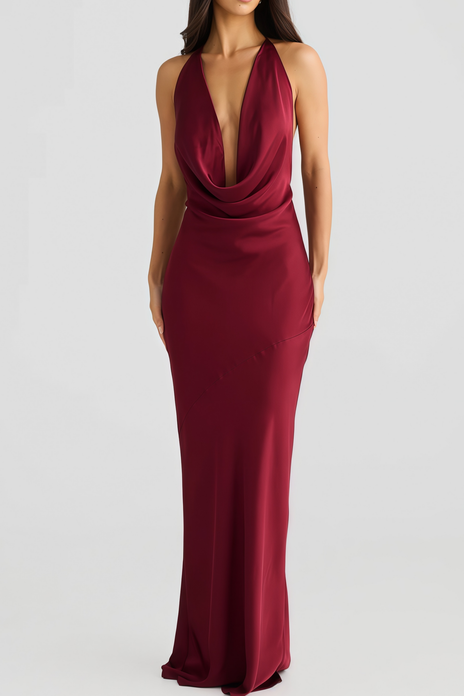 Novia Burgundy Halterneck Draped Maxi Dress
