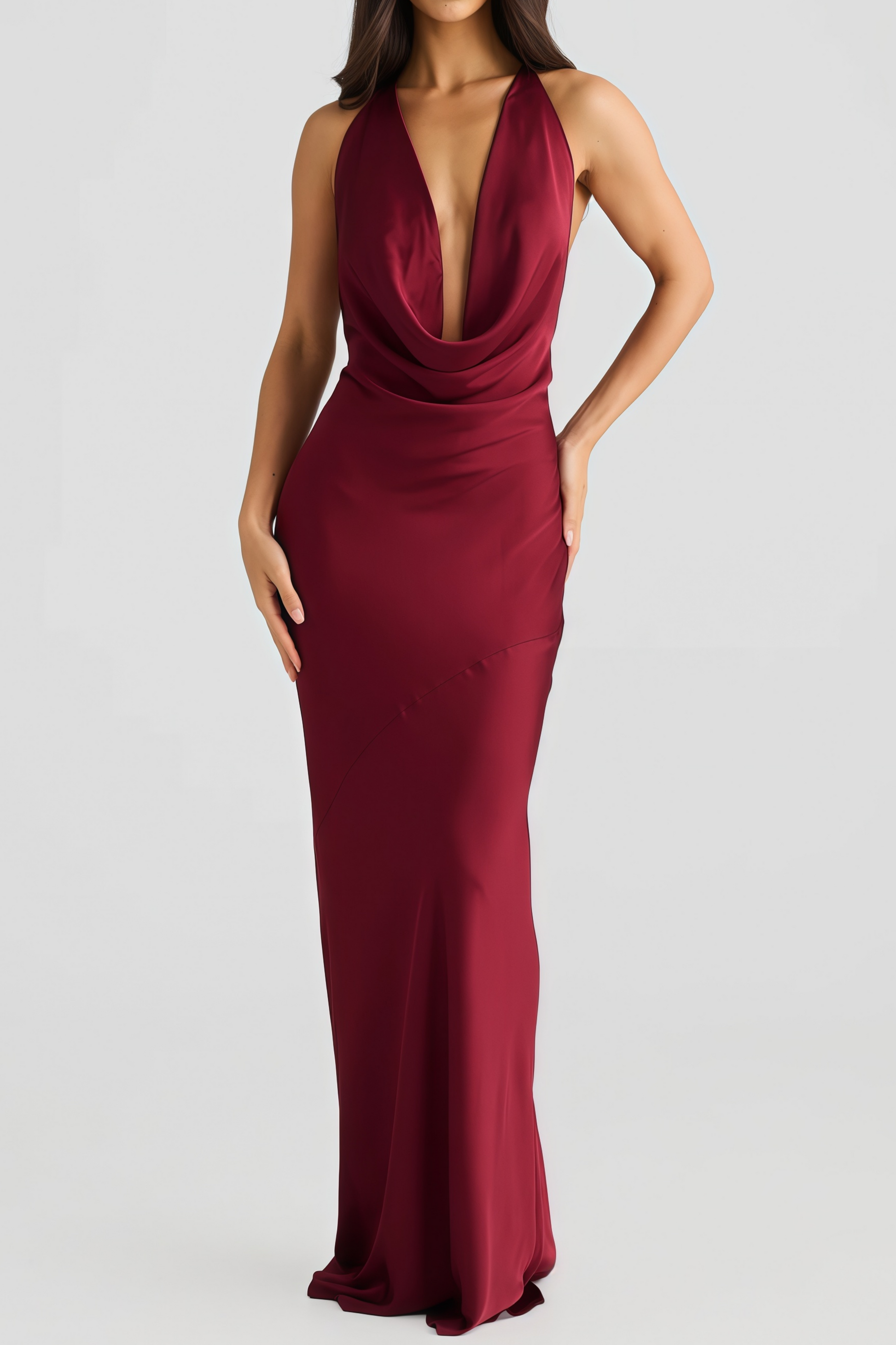 Novia Burgundy Halterneck Draped Maxi Dress