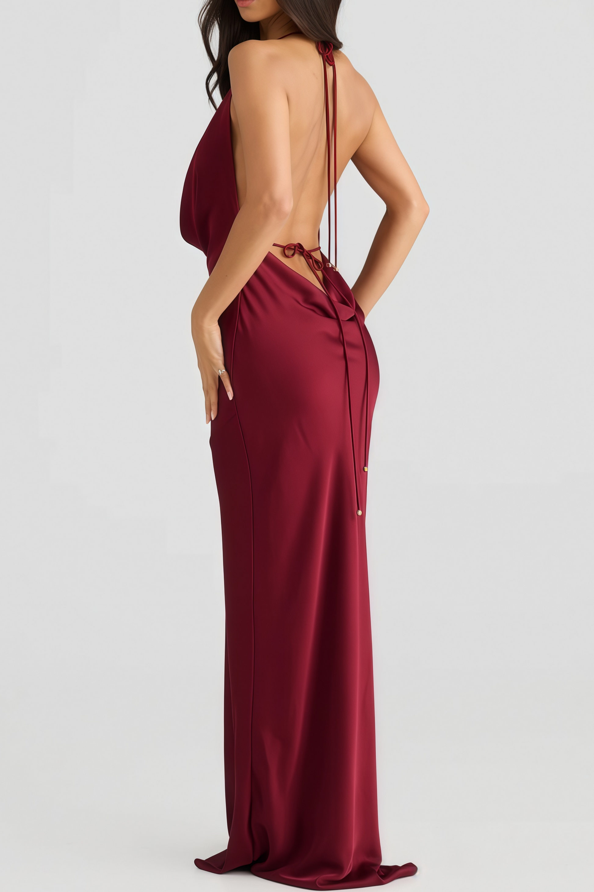Novia Burgundy Halterneck Draped Maxi Dress