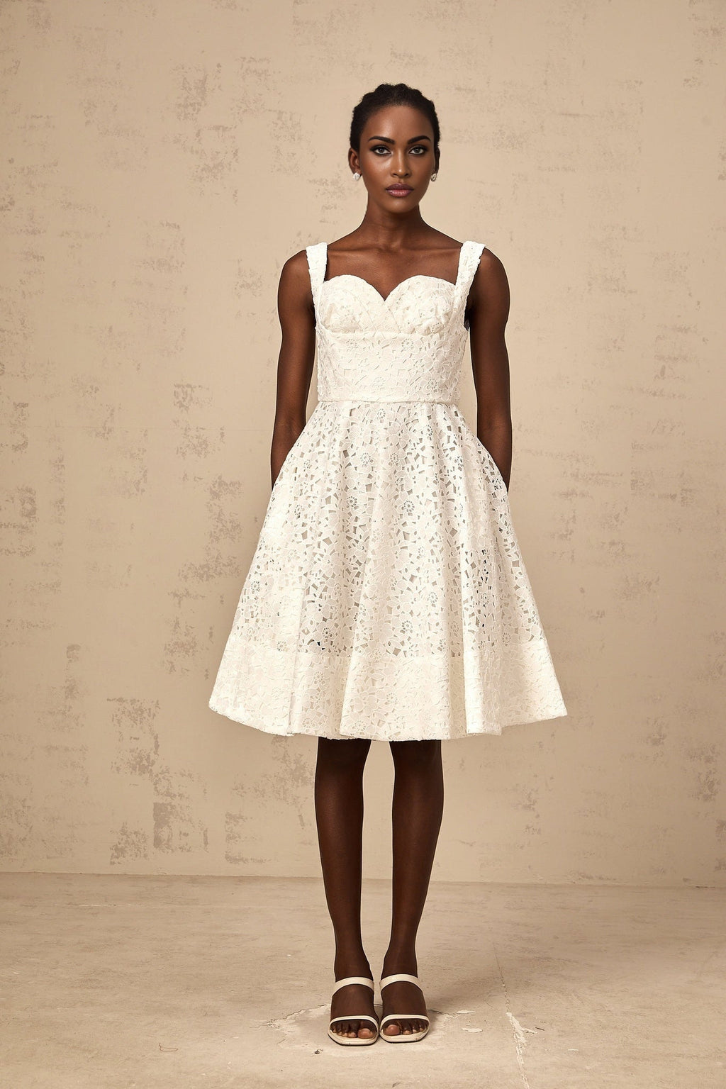 Sylvie - White Lace Sweetheart Midi Dress