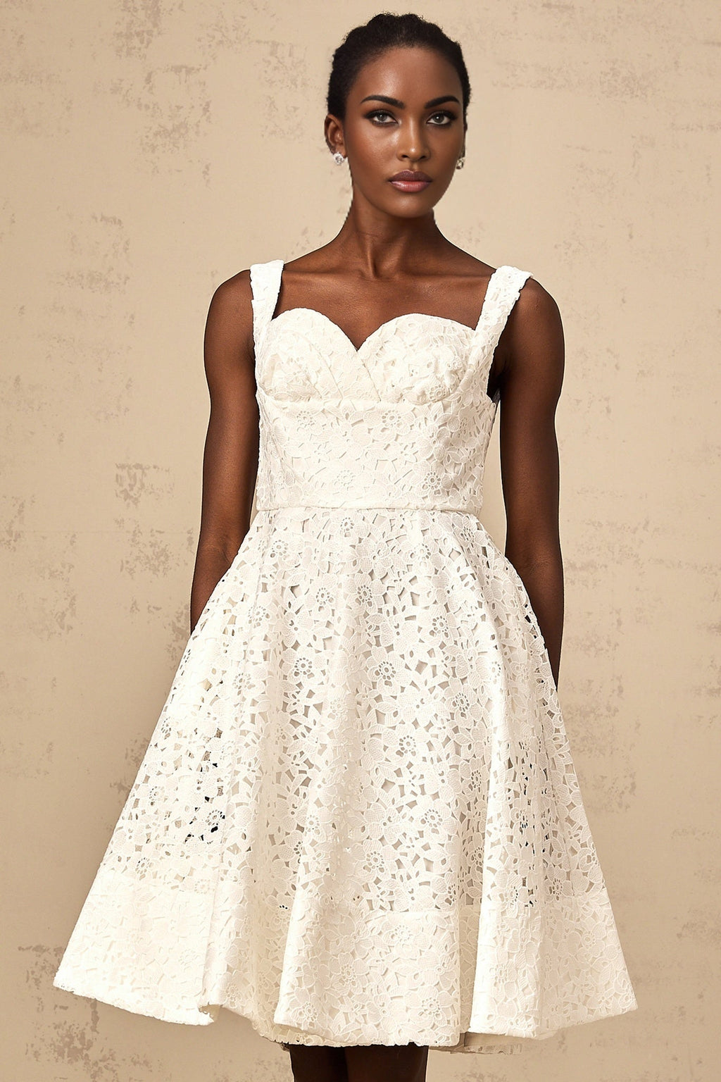 Sylvie - White Lace Sweetheart Midi Dress