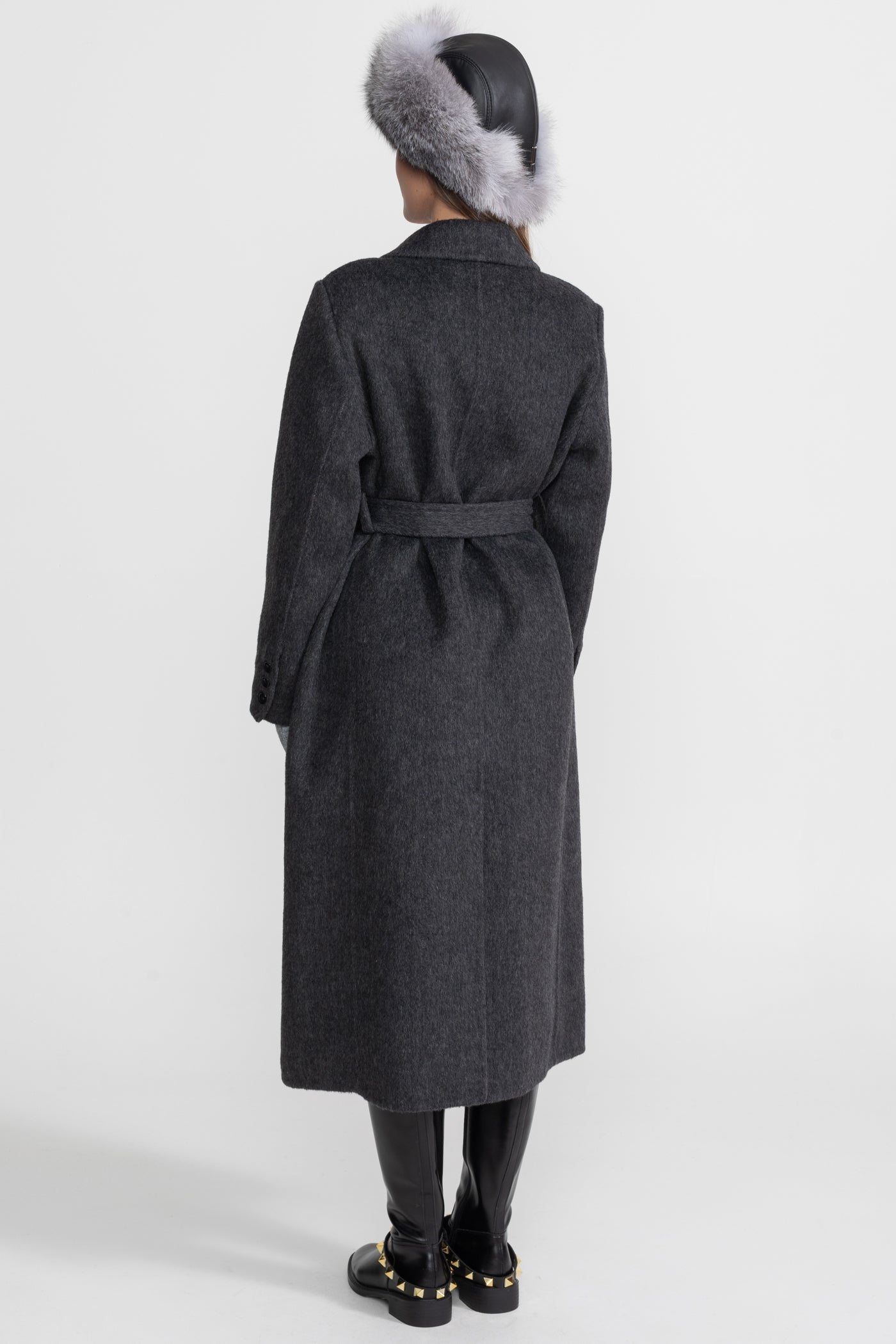 Double-Breasted Wool Coat With Waist Belt – Charcoal Grey