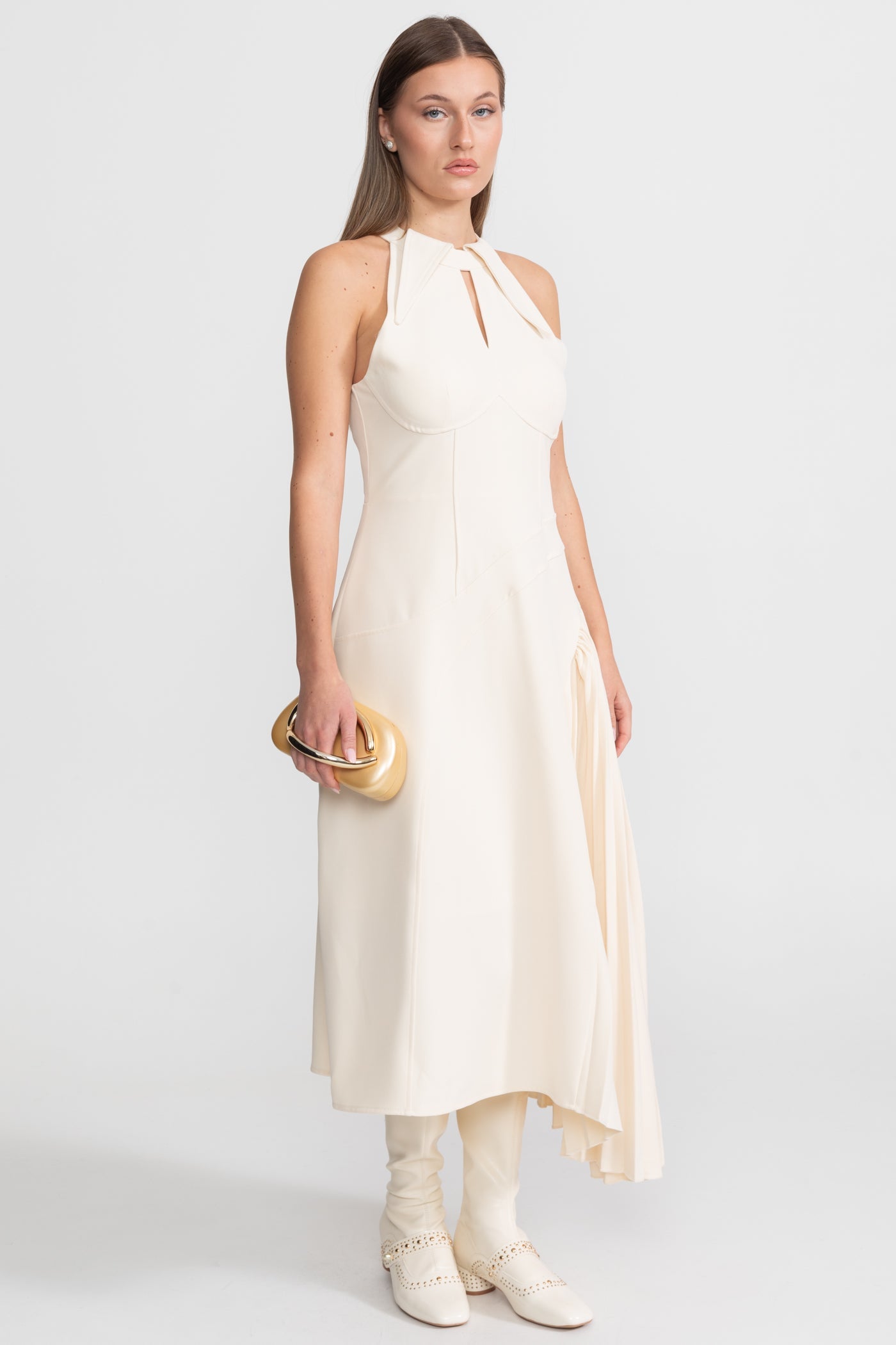 Pleated Halter Midi Dress With Keyhole Detail - Ivory