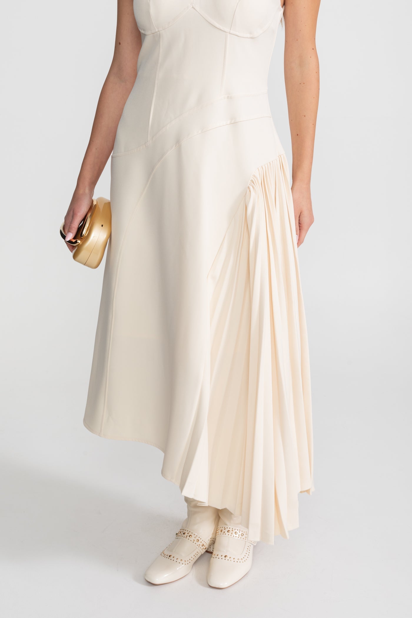 Pleated Halter Midi Dress With Keyhole Detail - Ivory