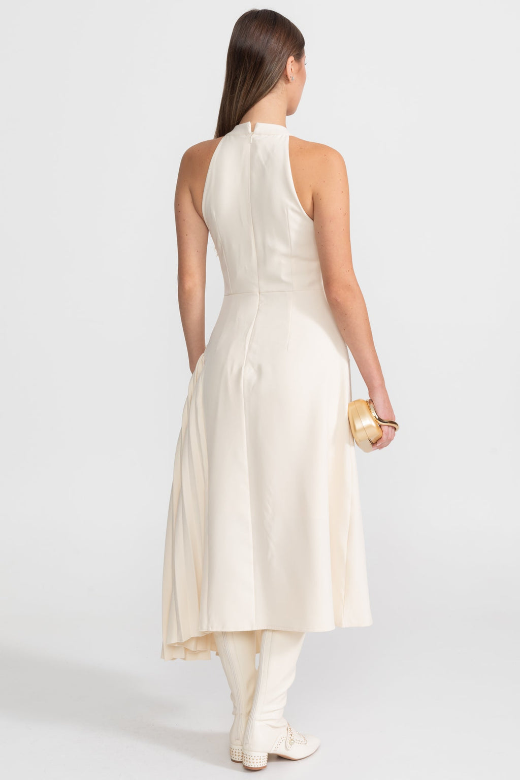 Pleated Halter Midi Dress With Keyhole Detail - Ivory