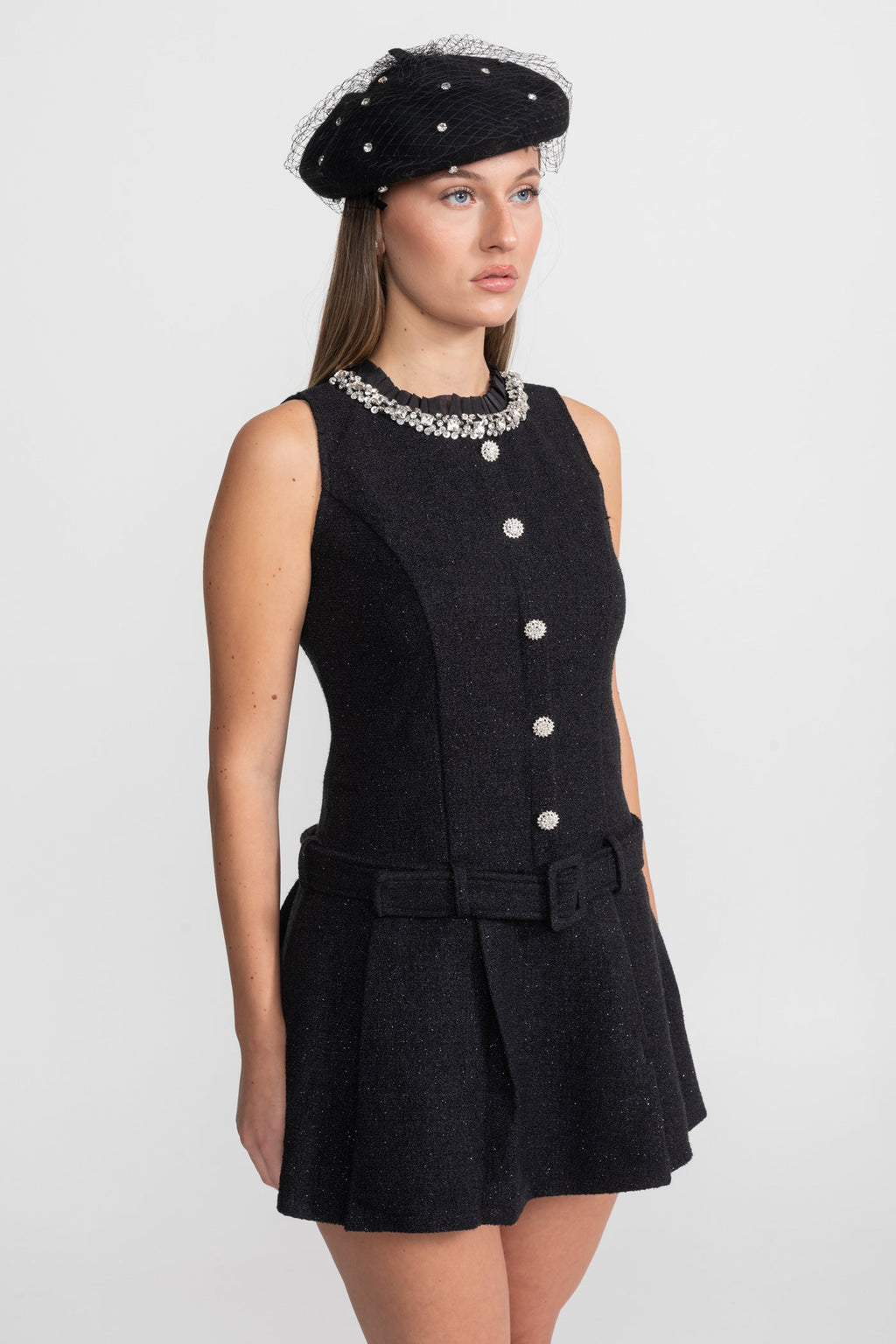 Crystal-Embellished Tweed Mini Dress With Belt – Black
