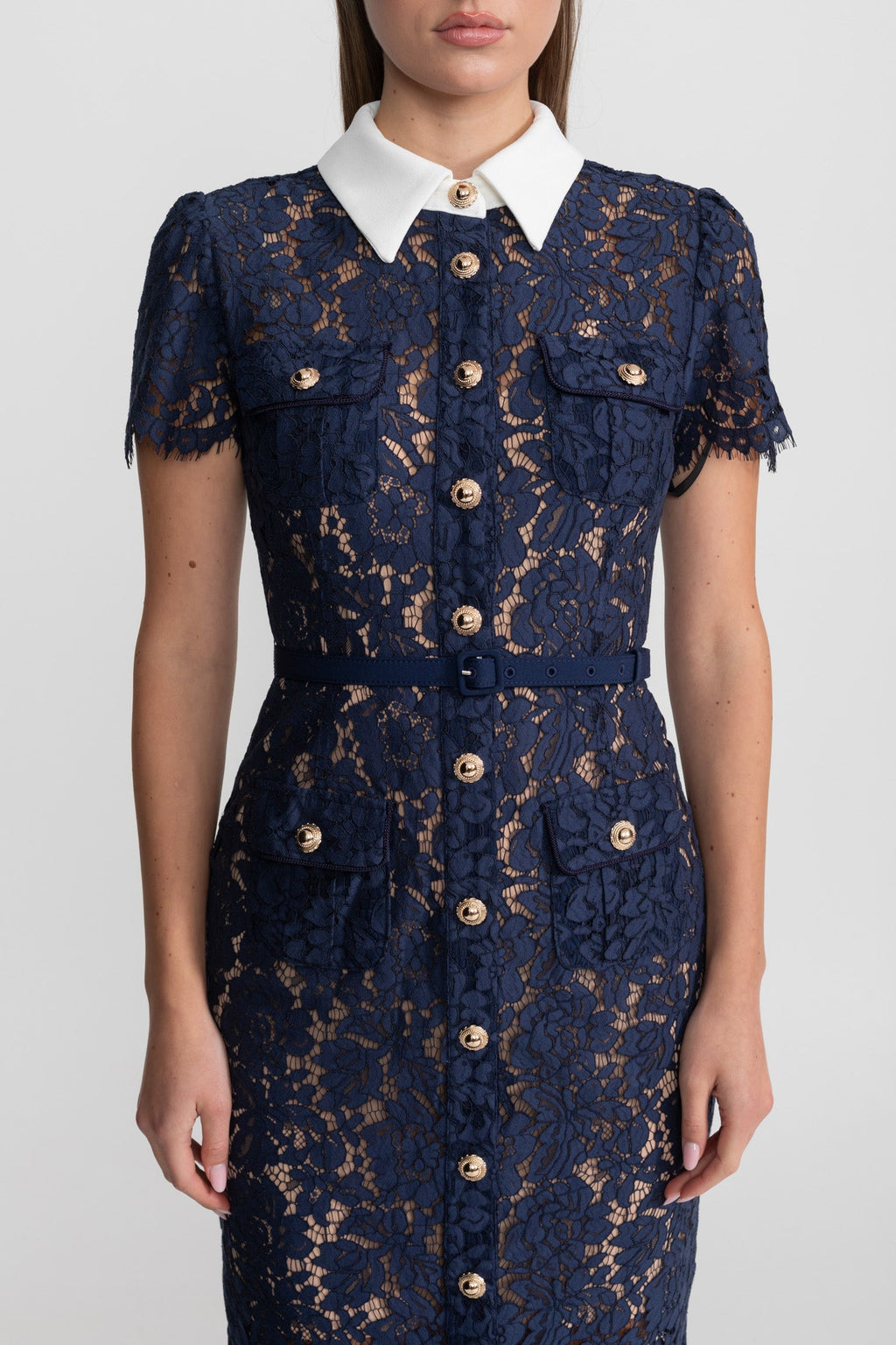 Floral Lace Midi Dress with Tailored Collar and Belted Waist - Navy
