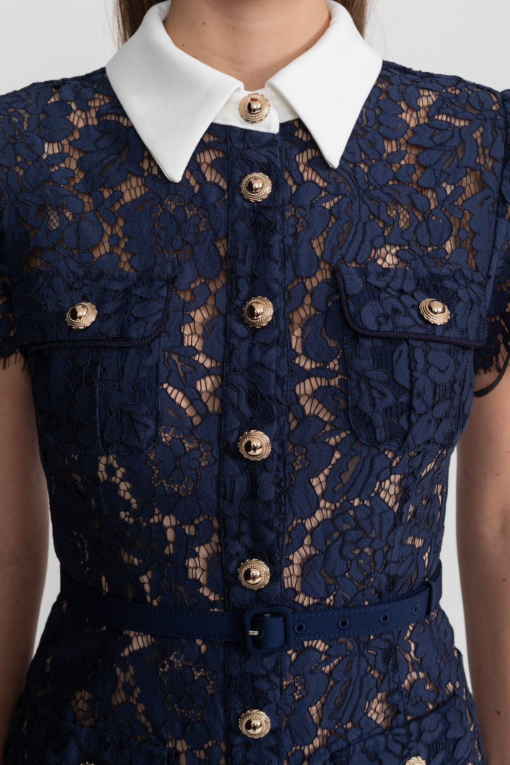 Floral Lace Midi Dress with Tailored Collar and Belted Waist - Navy
