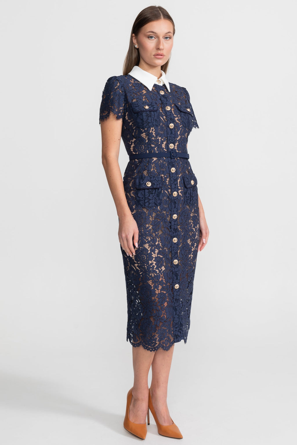 Floral Lace Midi Dress with Tailored Collar and Belted Waist - Navy