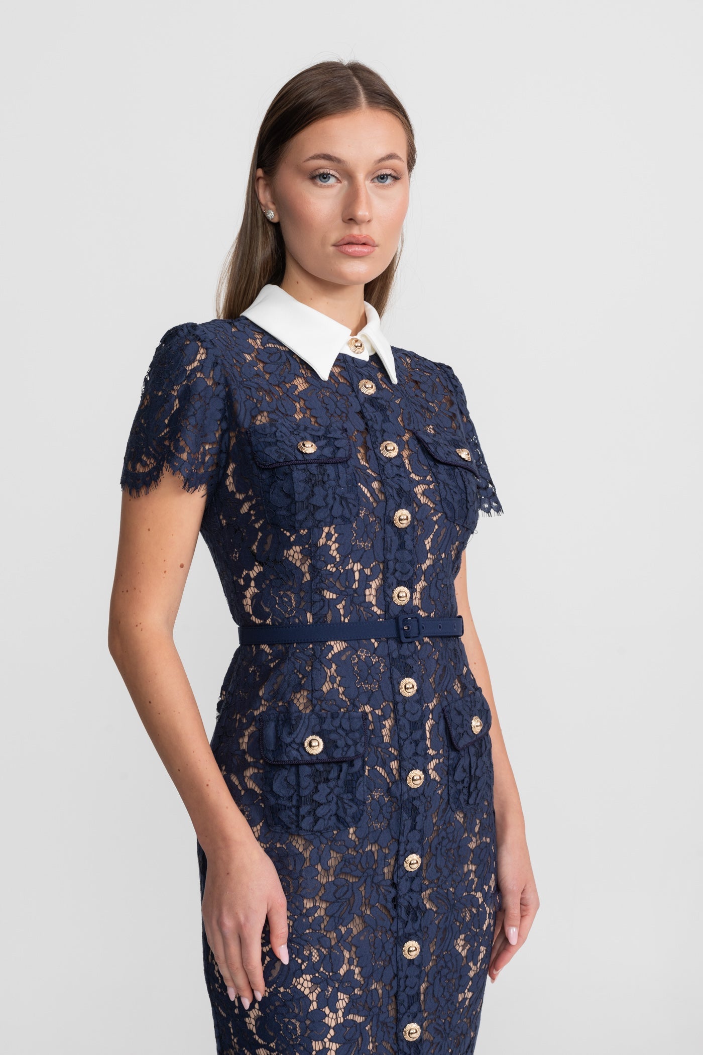 Floral Lace Midi Dress with Tailored Collar and Belted Waist - Navy
